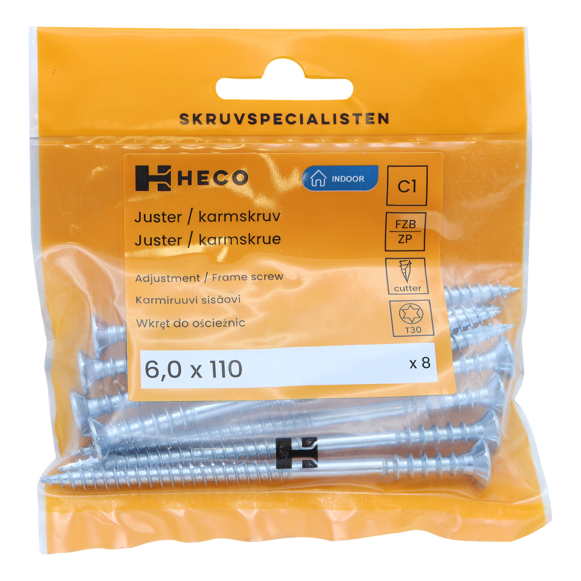En klar plastpakke med åtte Heco justeringsskruer, 6,0 x 110 mm store, med produktinformasjon trykt på en oransje og hvit etikett.
