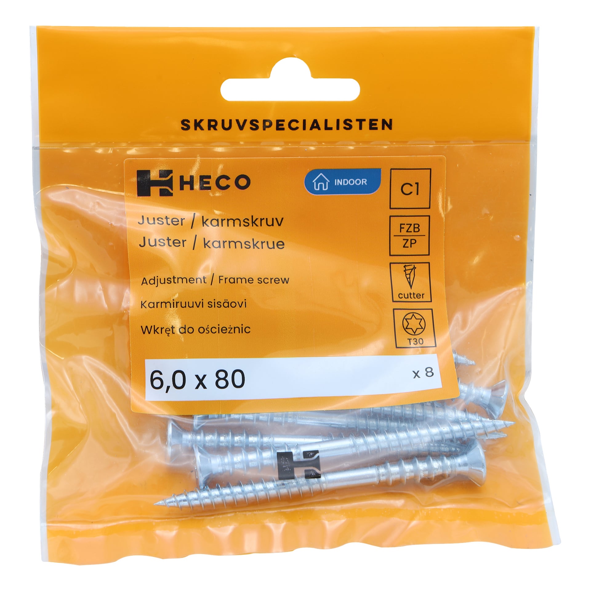 Heco:n muovikotelo, jossa lukee "Säätöruuvi 8 paketti", sisältää kahdeksan hopeista säätöruuvia, kukin kooltaan 6,0 x 80 mm. Oranssi etiketti kertoo tekniset tiedot, ja ruuvit näkyvät pakkauksen kirkkaan alaosan läpi.