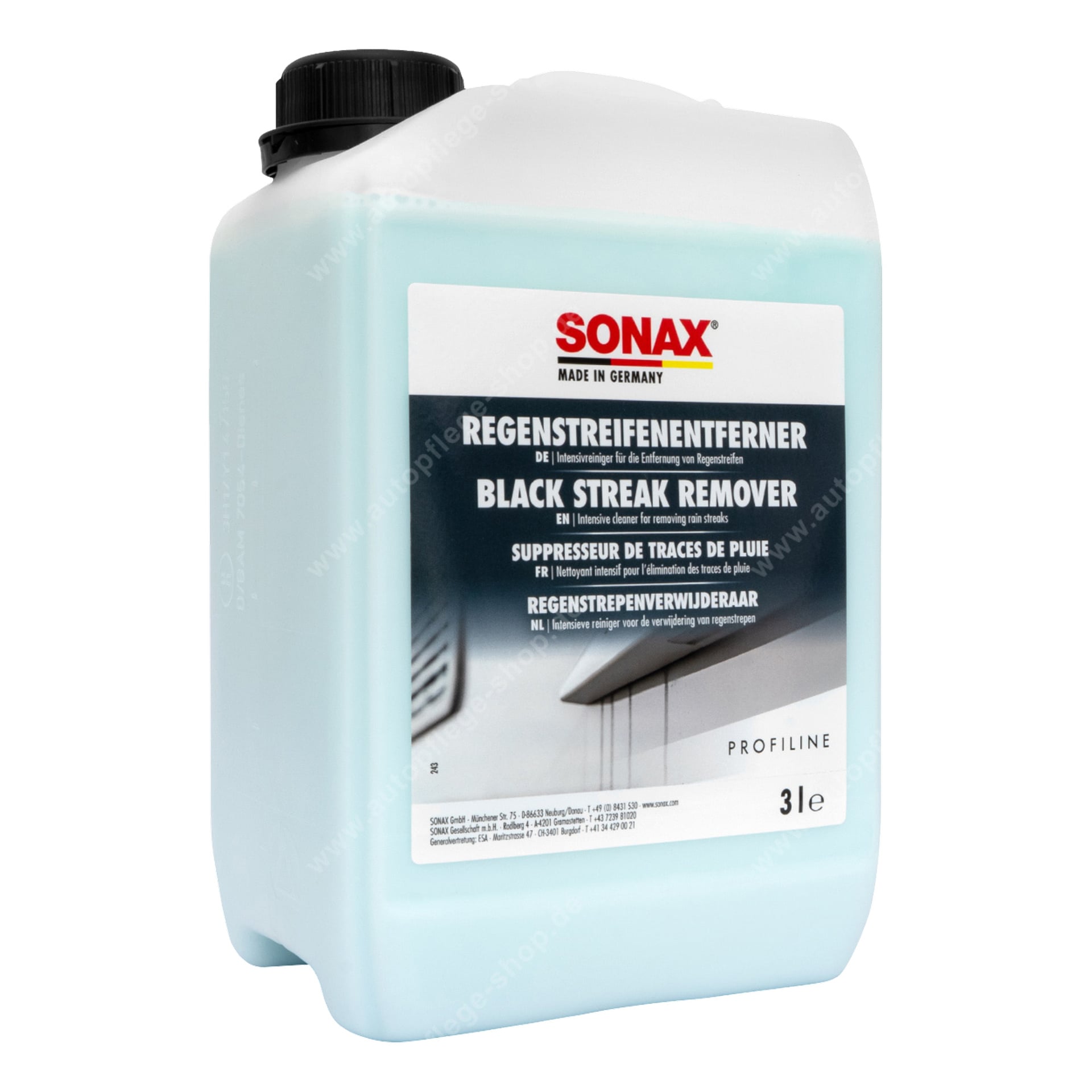 En 3-liters Sonax Profiline Black Streak Remover med svart lock och synlig blå vätska. Etiketten visar produktdetaljer och en bild av fordonets yta.