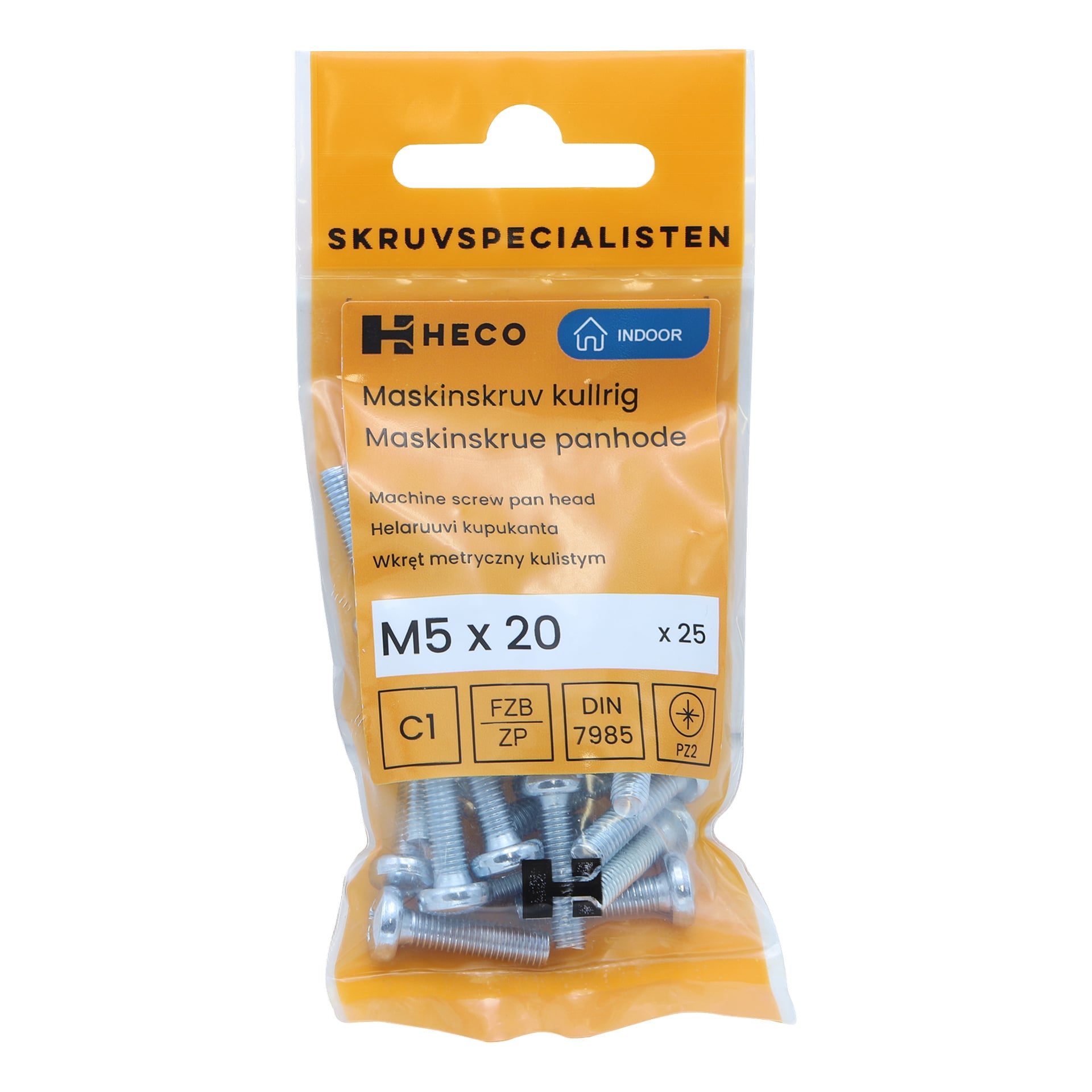 En genomskinlig plastpåse med orange detaljer rymmer 25 silverfärgade Heco MRX-skruvar, storleken M5 x 20 mm. Förpackningen visar Heco-varumärket och listar produktspecifikationer.