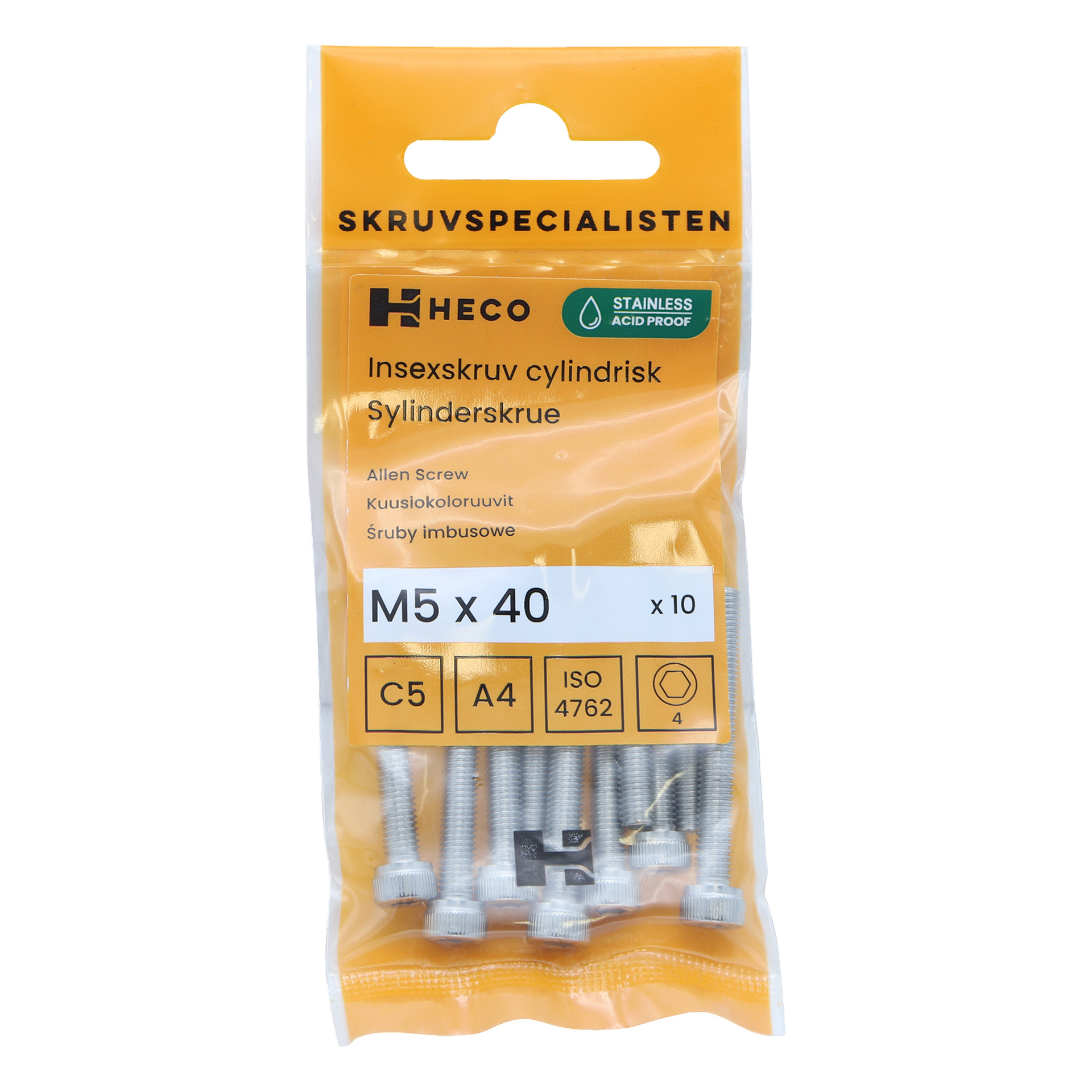 En plastpakke med Heco-merket som inneholder ti rustfrie M5 x 40 mm maskinskruer med sekskanthylser. Emballasjen viser produktinformasjon og en etikett med «Stainless Acid Proof».