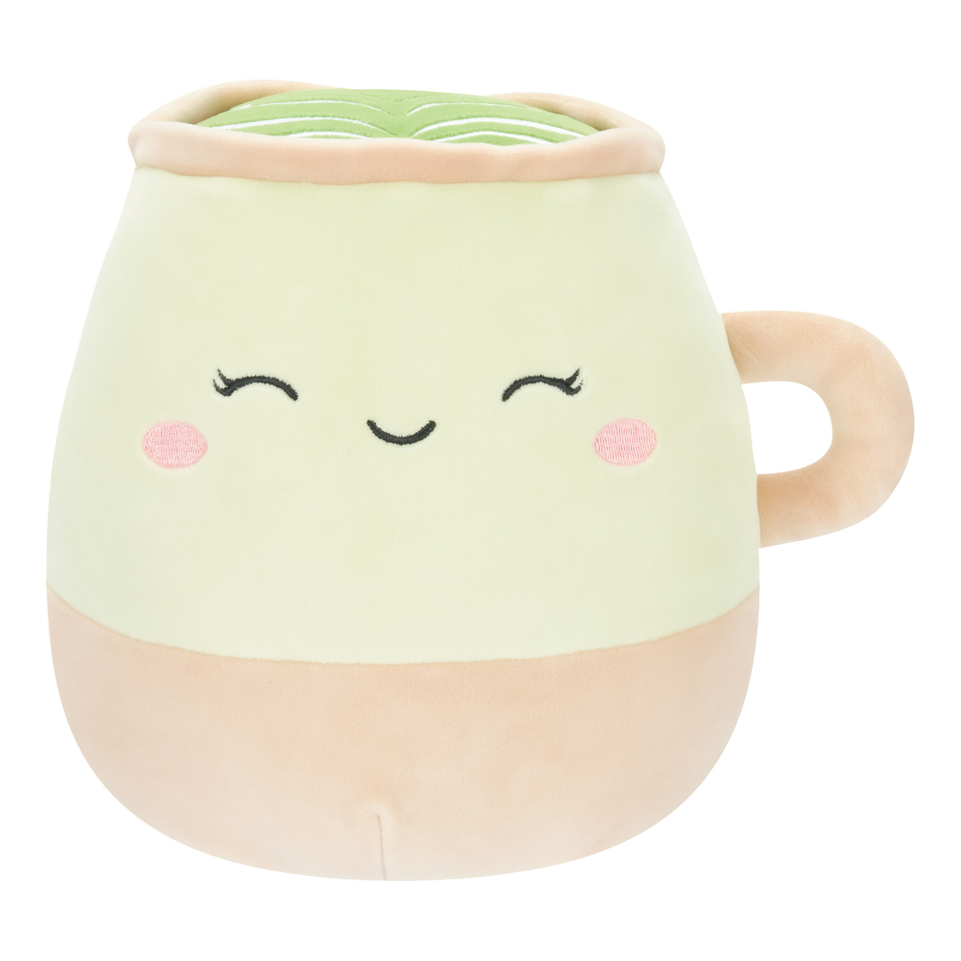 Pehmeä Squishmallows-lelu, joka on mukin muotoinen, kahva, pastellinvihreä ja beige sävy, hymyilevä kirjailtu kasvo ruusunpunaisine poskineen ja pehmeä vihreä täyte, joka näyttää kermavaahdolta tai vaahdolta.
