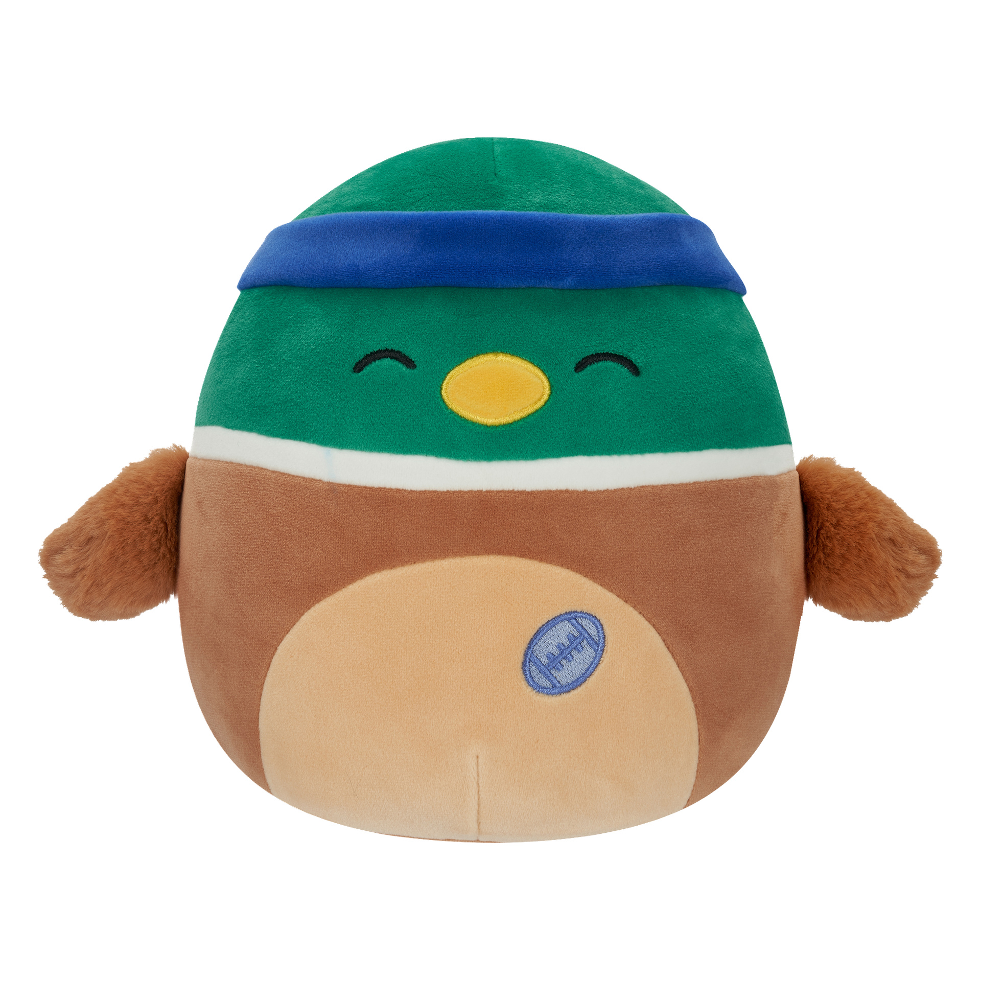 Squishmallowsin pehmolelu, joka on pyöreän linnun muotoinen, vihreä pää, ruskea vartalo, pörröiset ruskeat siivet, suljetut silmät, keltainen nokka, sininen otsapanta päällä ja pieni sininen jalkapallokuvio vaaleanruskealla vatsalla.