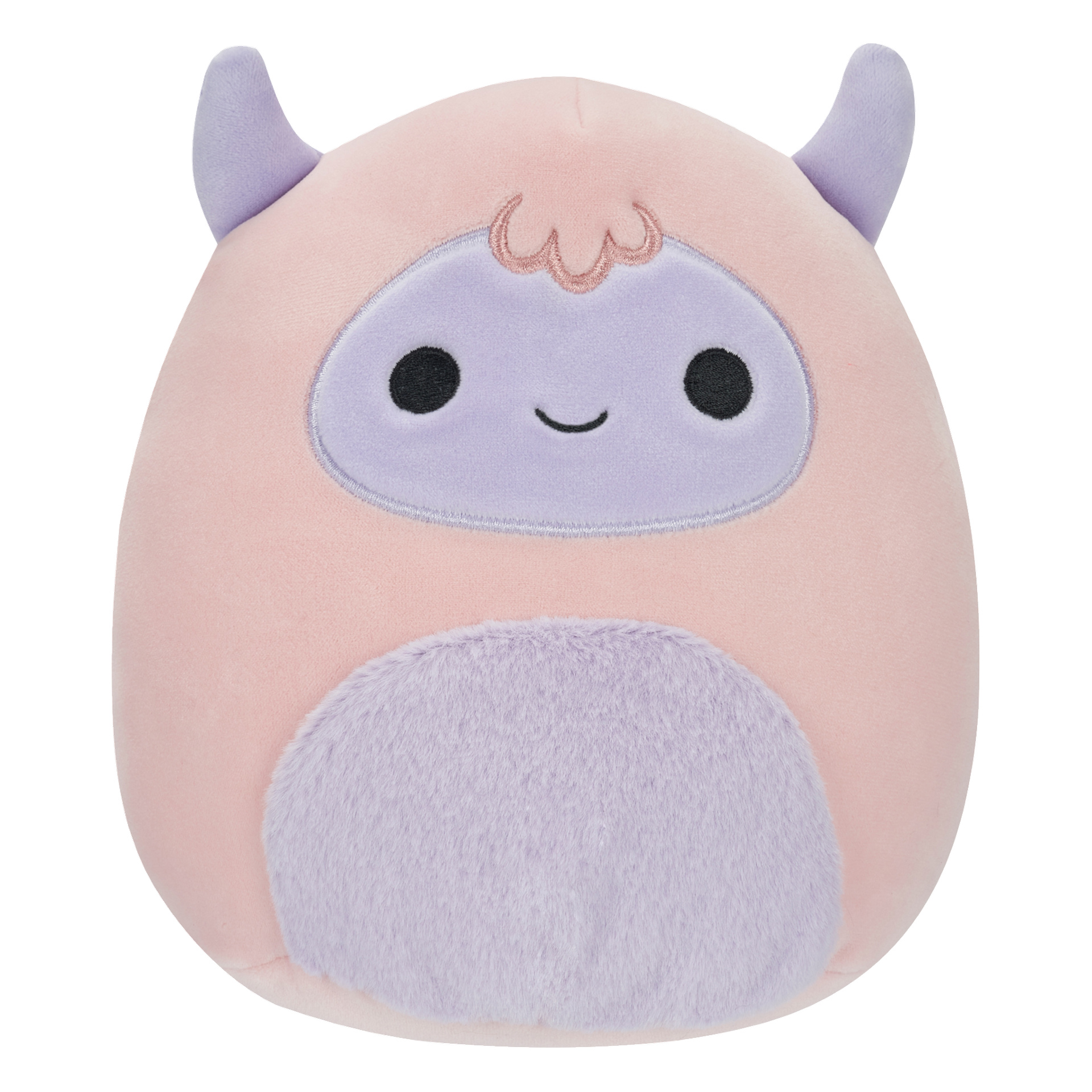 Tämä Squishmallows-pehmolelu on erityisen pehmeä, pyöreällä vaaleanpunaisella vartalolla, pörröisellä vaaleanvioletilla vatsalla ja laventelinvärisillä kasvoilla. Sillä on kaksi pientä violettia sarvea päällä, yksinkertaiset mustat soikeat silmät ja pieni hymyilevä suu, mikä antaa sille söpön ja sarjakuvamaisen ulkonäön.