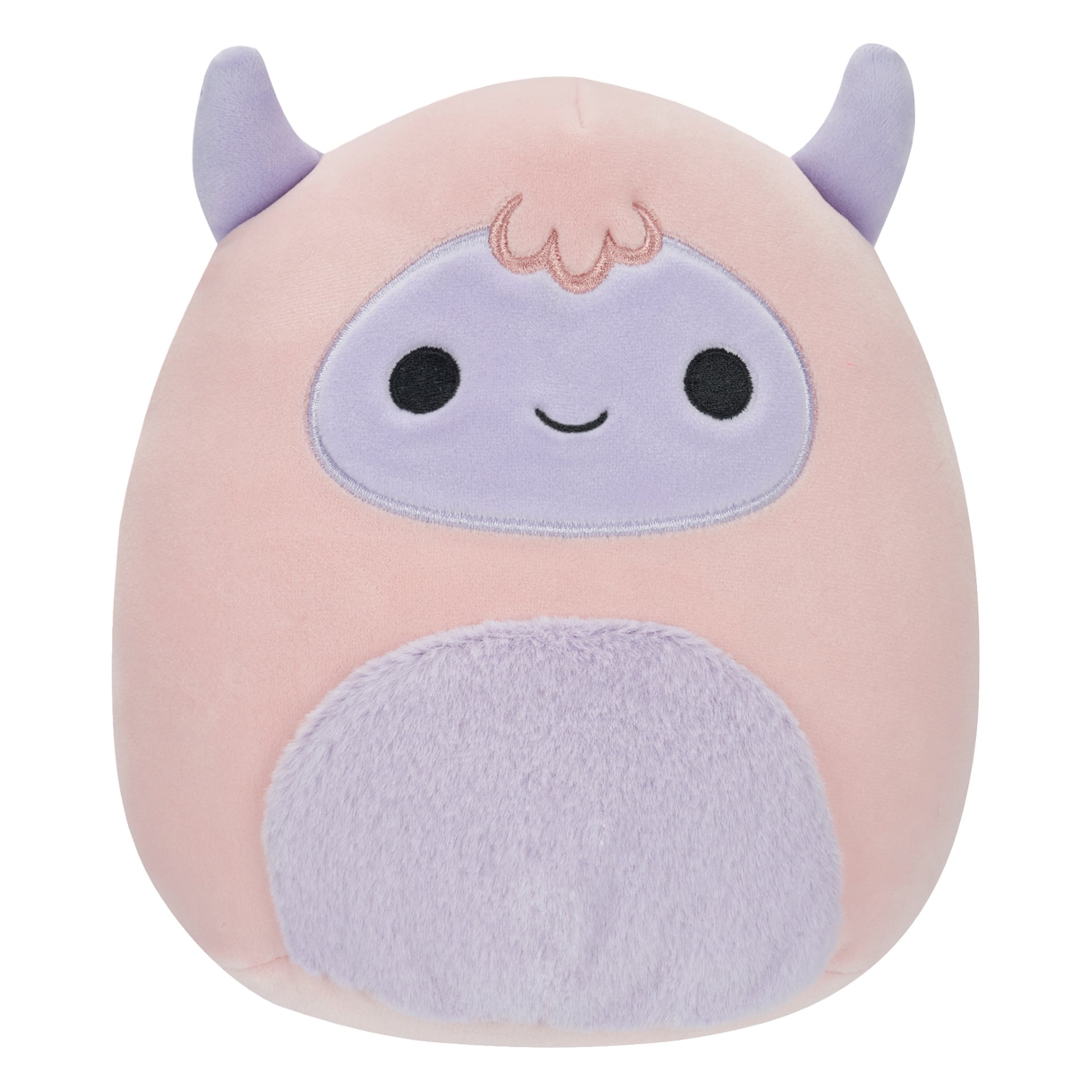 Denne Squishmallows-bamsen er ekstra myk med en avrundet rosa kropp, en fluffy lys lilla mage og et matchende lavendelfarget ansikt. Den har to små lilla horn på toppen, enkle svarte ovale øyne og en liten smilende munn, noe som gir den et generelt søtt og tegneserieaktig utseende.