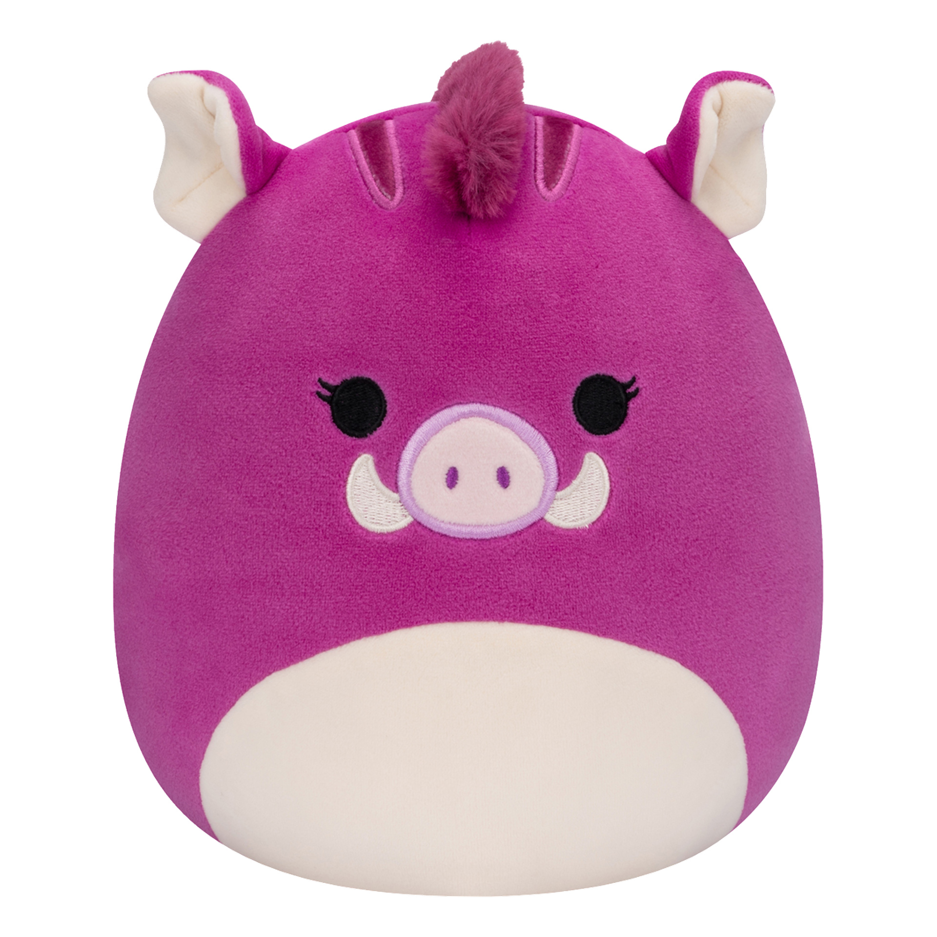 Squishmallowsin superpehmeä pehmolelu on pyöreä, halattava hahmo, joka on suunniteltu violetiksi sotasiaksi. Sillä on vaaleanpunainen kuono, valkoiset torahampaat, mustat silmät, pienet korvat ja päällä violetti karvatupsu. Lelu on tasaisella pinnalla.