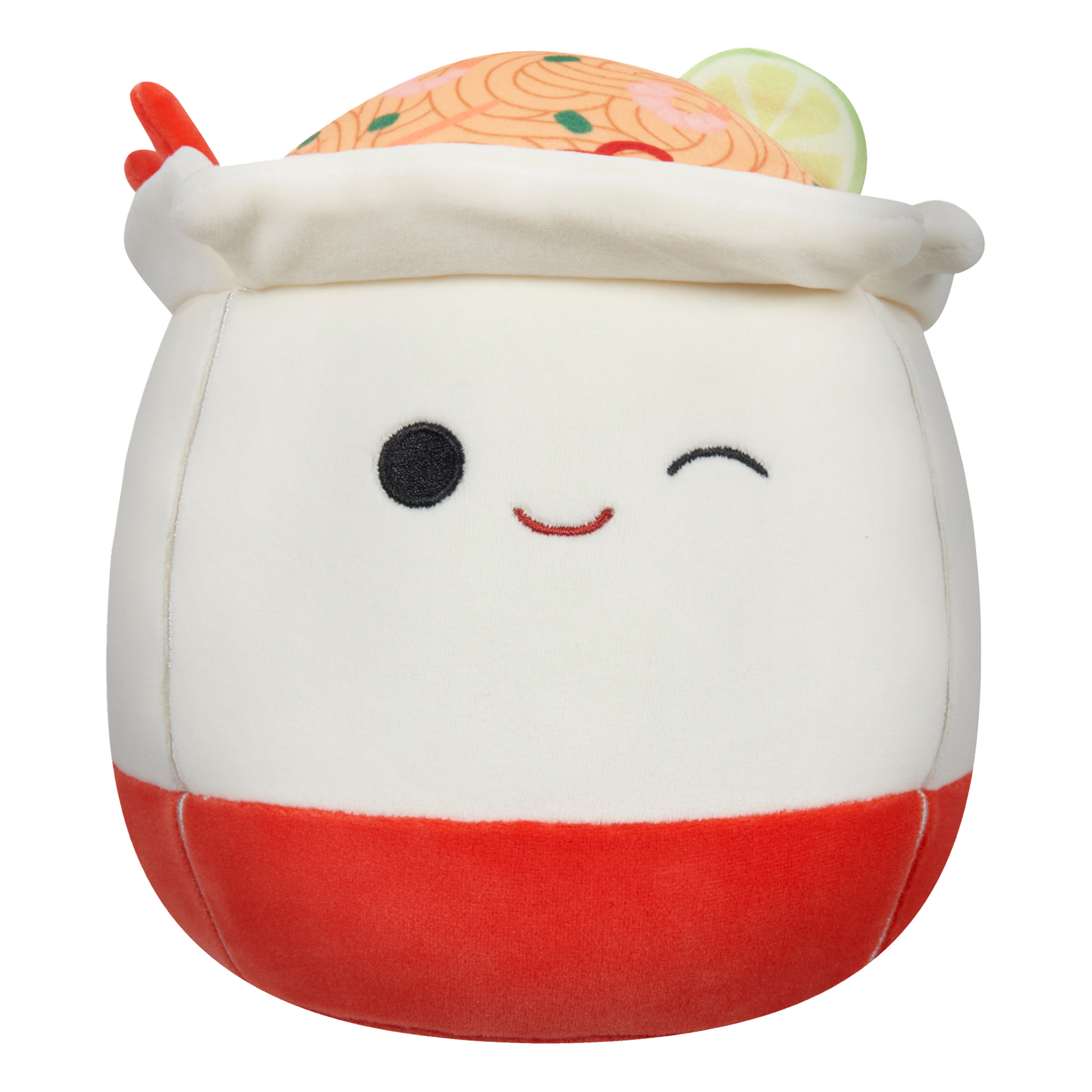 Squishmallowsin superpehmeä pehmolelu on suunniteltu ramen-kulhoksi, jossa on iloinen hymyilevä kasvo, punainen pohja ja yksi silmänräpäys. Päällä on pehmeitä nuudeleita, katkarapupaloja ja limeviipale.