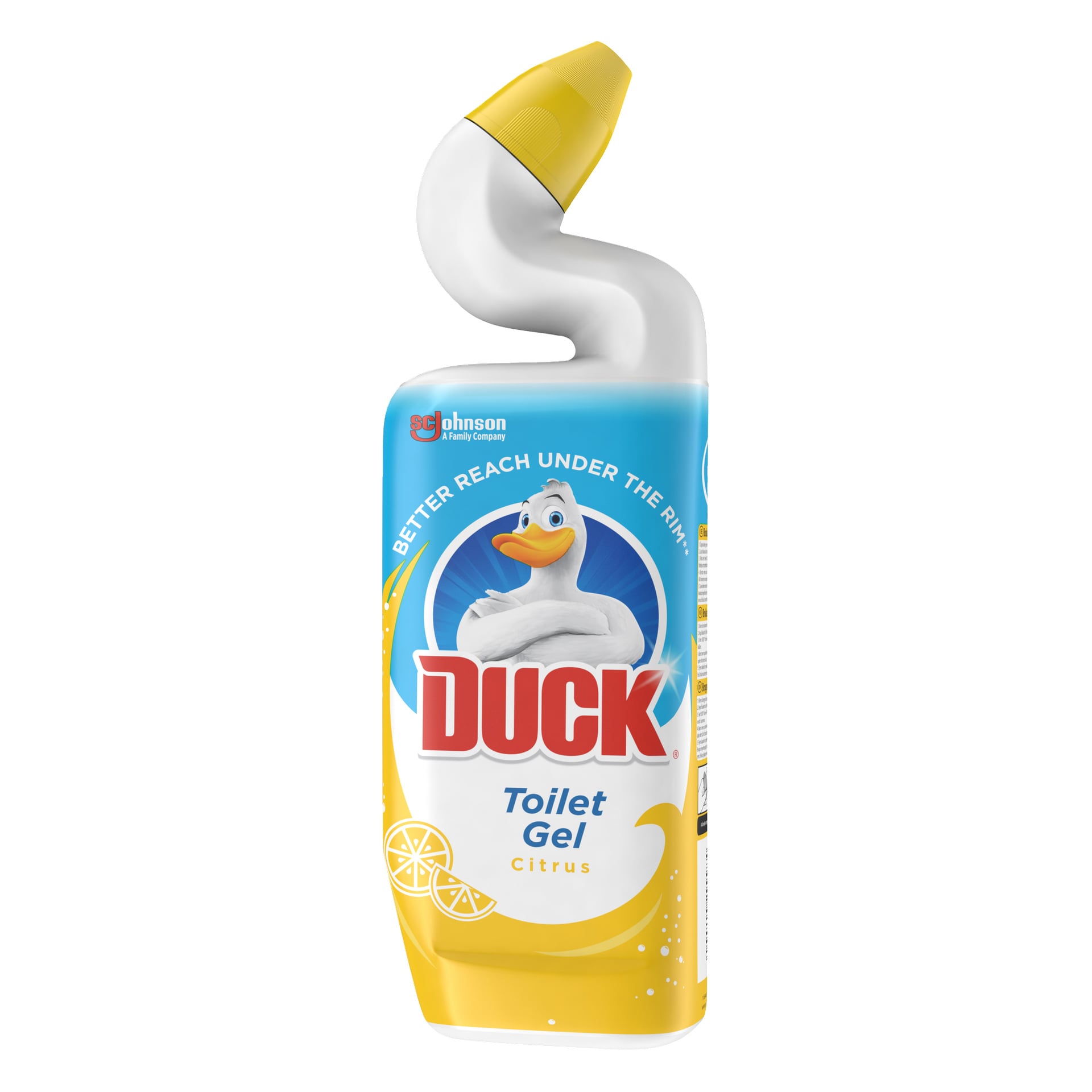 En Duck Toilet Cleaner Active Gel Citrus-flaske med gul skrå kork, en tegneserie-andelogo, sitrongrafikk og uttrykket «Better reach under the rim.»