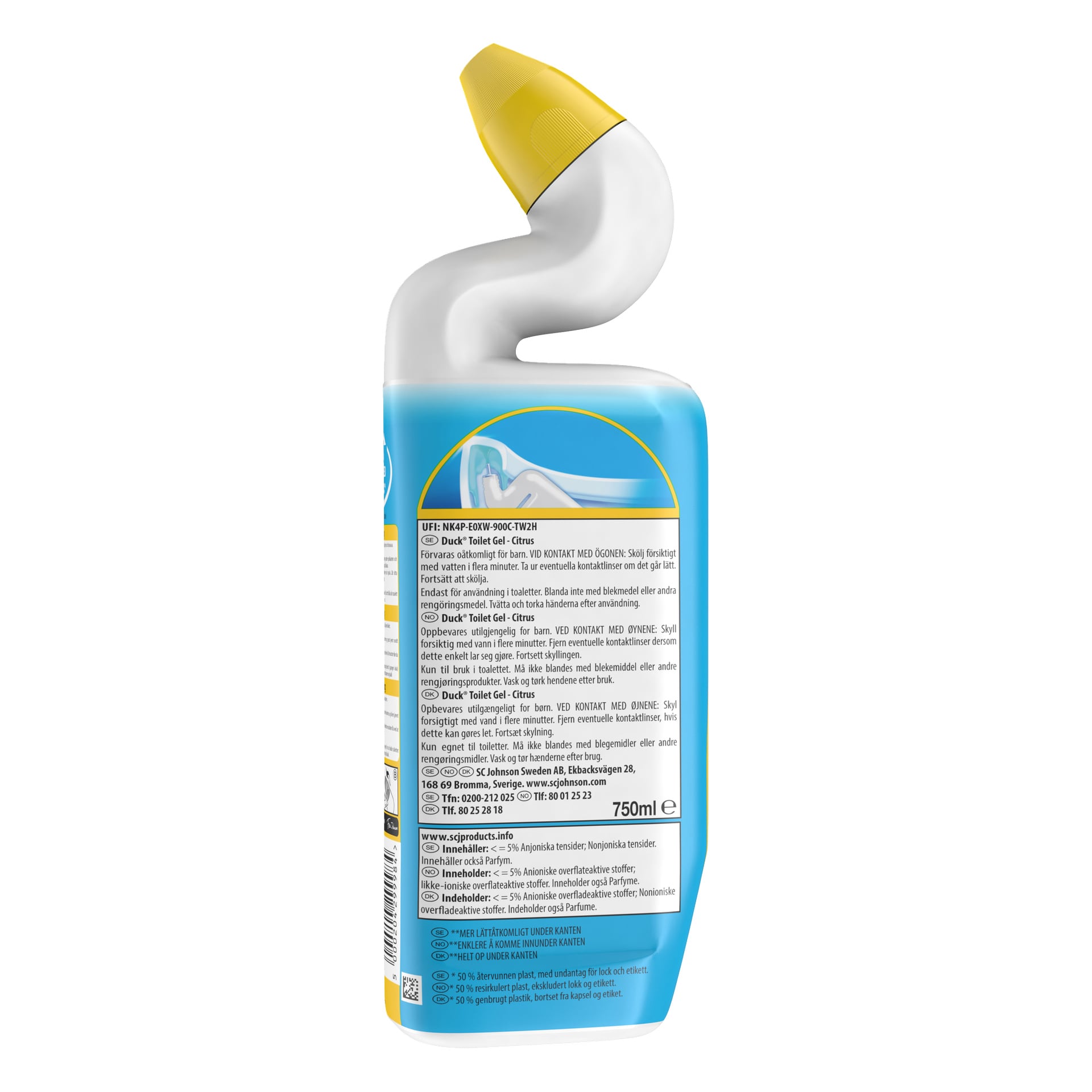 En 750 ml flaske Duck Toilet Cleaner Active Gel Citrus med buet hals og gul kork. Etiketten, med gul og hvit bakgrunn, viser produktinformasjon, advarselsinstruksjoner og ingredienser.