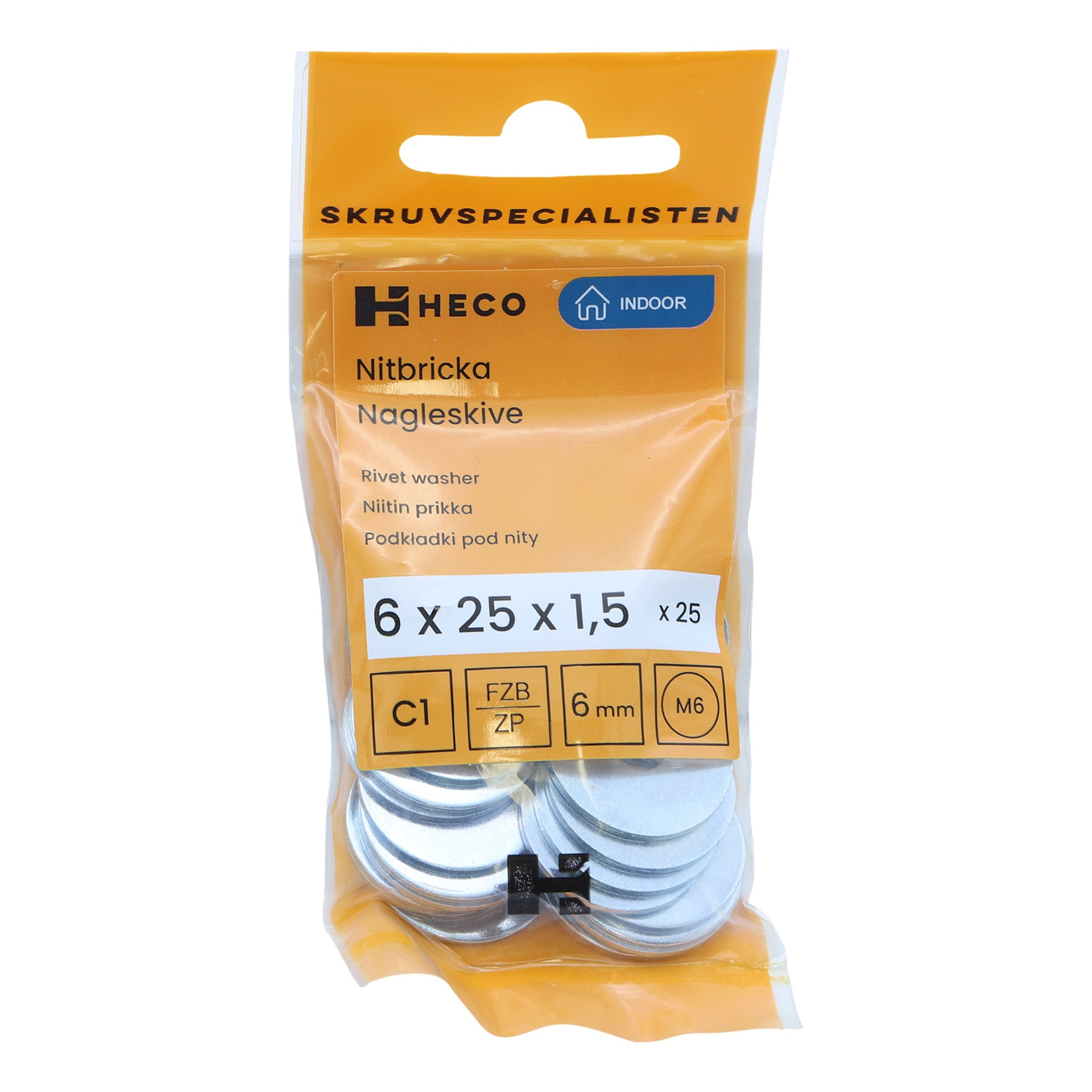 Muovikotelo, jossa oli 25 Heco-niittialuslevyä, merkitty 6 x 25 x 1,5 mm, tarkoitettu sisäkäyttöön; oranssissa etiketissä on tuotteen tiedot.