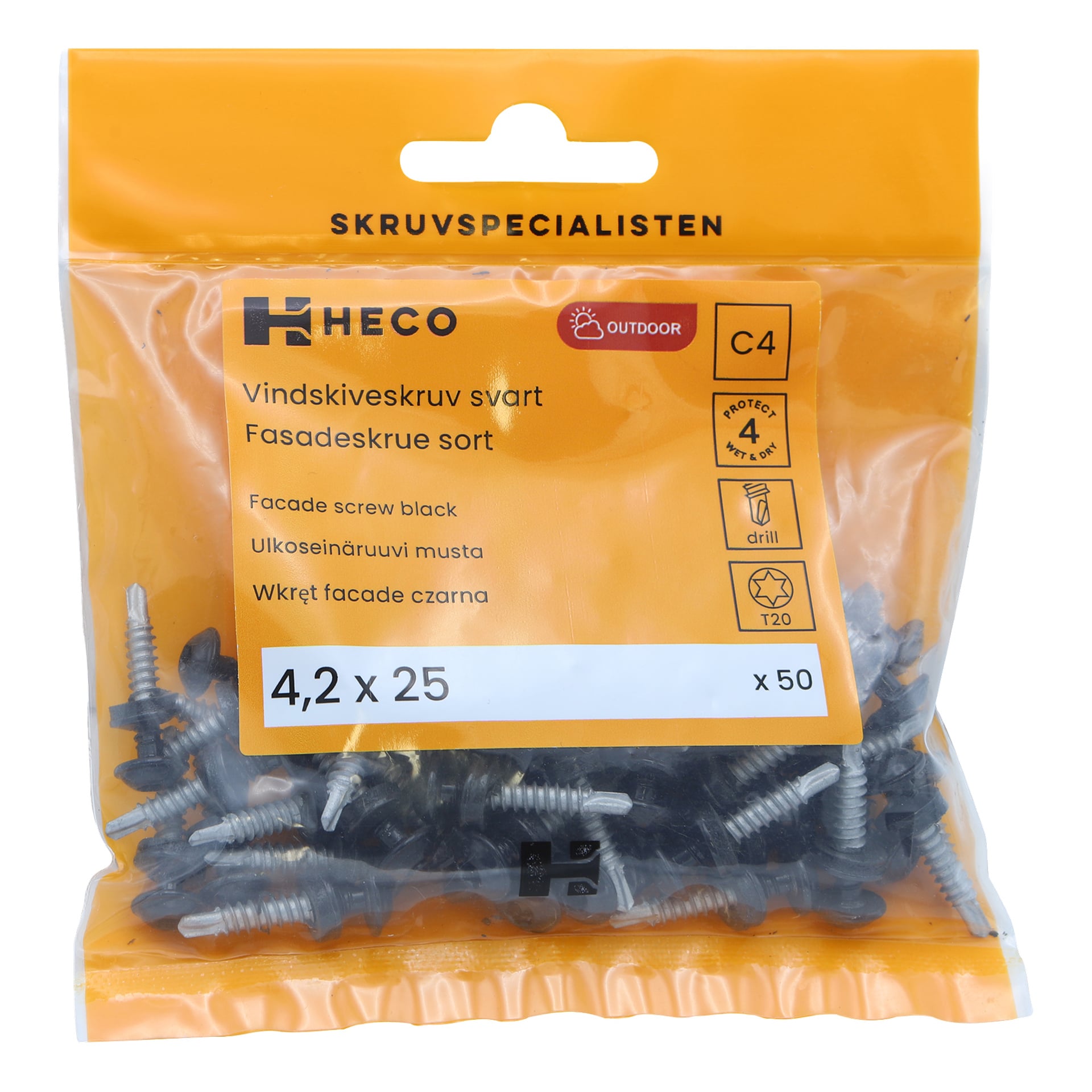 En genomskinlig plastpåse med 50 Heco Fascia-skruvar på Protect 4 skruvar (4,2 x 25 mm), med en gul och orange etikett som visar varumärke, specifikationer och beskrivande detaljer.