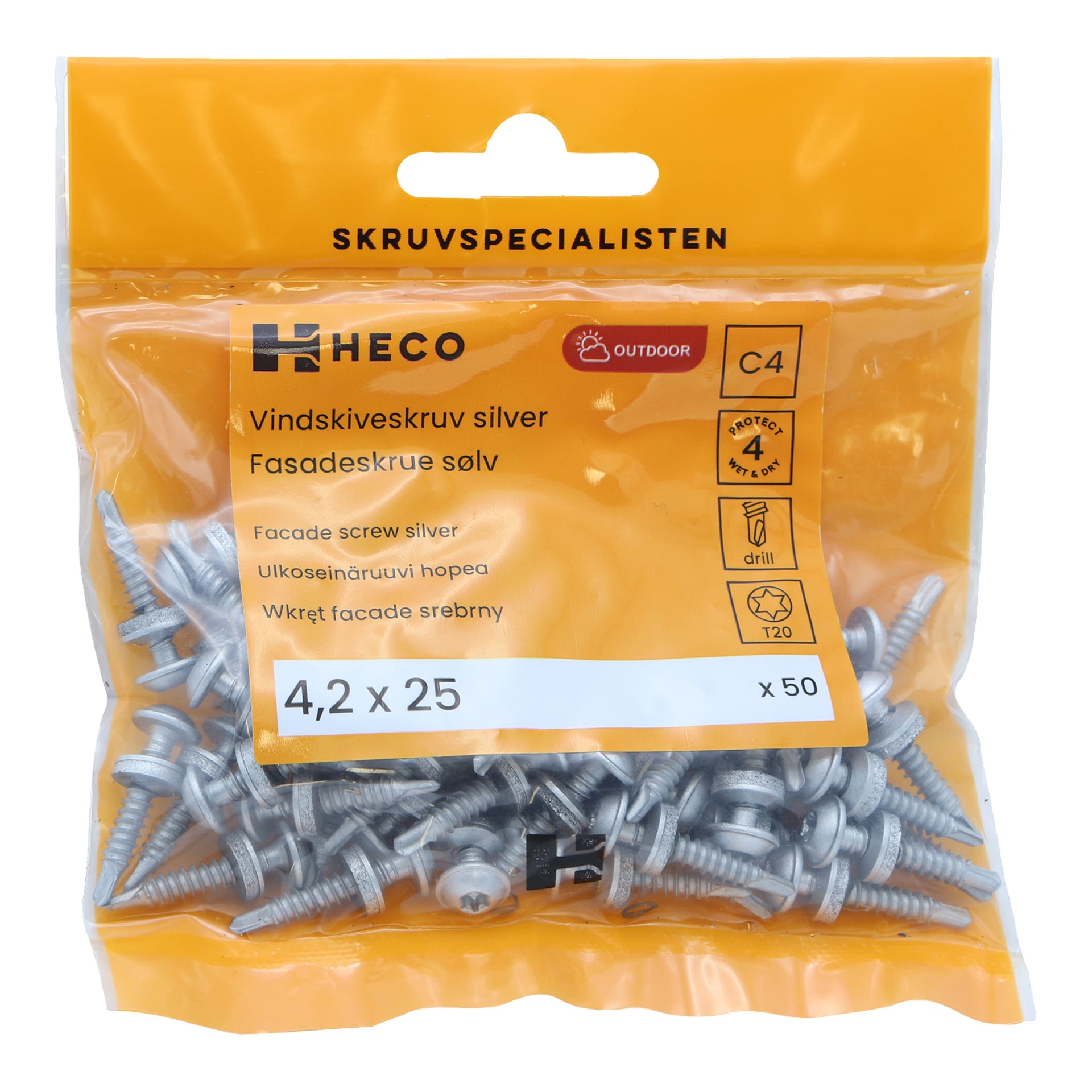 En transparent plastpåse som håller 50 Heco Fascia-board Protect 4 skruvar, med måtten 4,2 x 25 mm. Den orange etiketten listar produktdetaljer och innehåller ikoner som visar att skruvarna är designade för utomhusbruk och erbjuder korrosionsskydd.