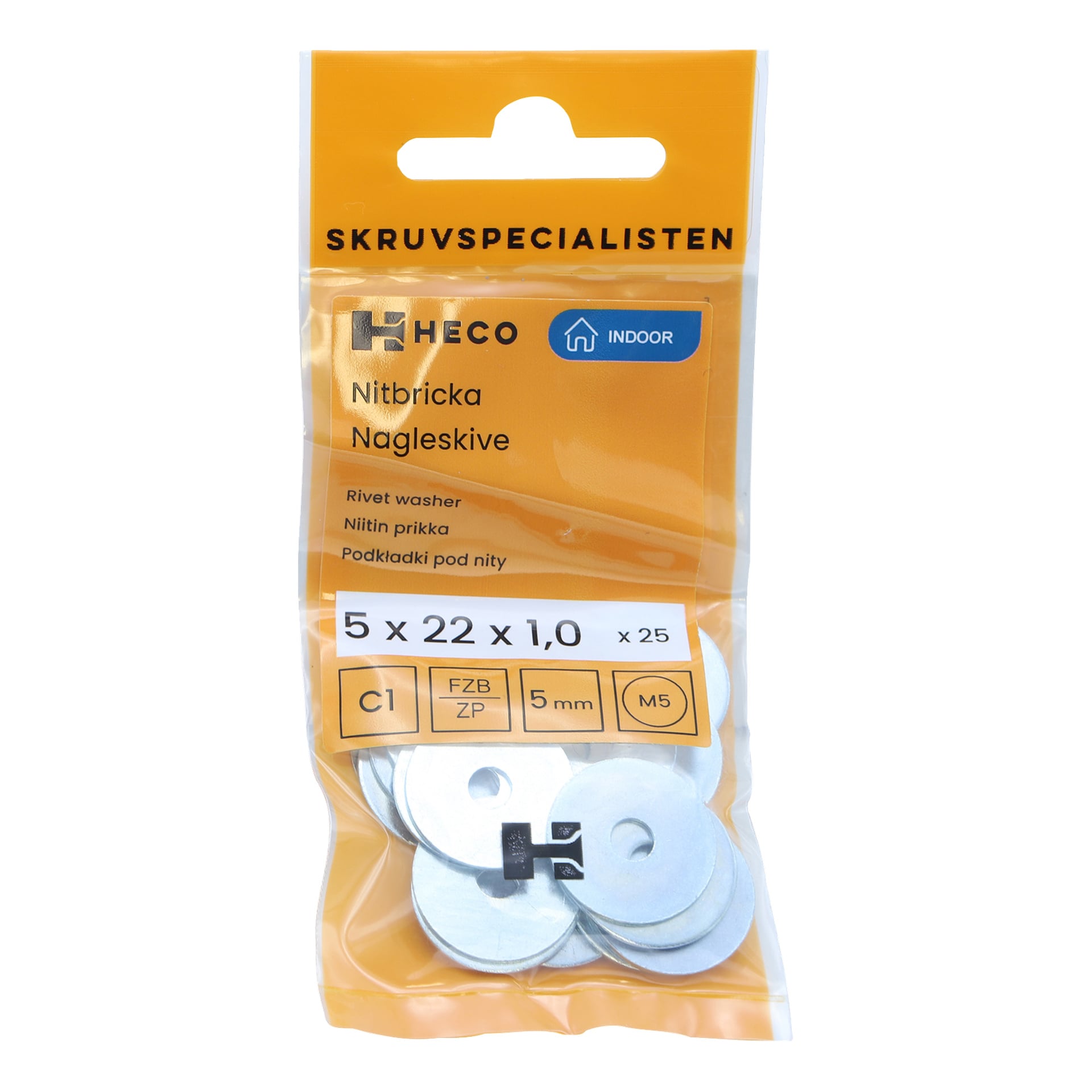 Heco Rivet Washer 25 pack -muovipakkauksessa on 25 metallista niittialuslevyä, joista jokainen on kooltaan 5 x 22 x 1,0 mm sisäkäyttöön. Pakkauksessa on tekniset tiedot ja tuotetiedot, ja siinä on läpinäkyvä ikkuna, joka paljastaa sisällä olevat aluslevyt.