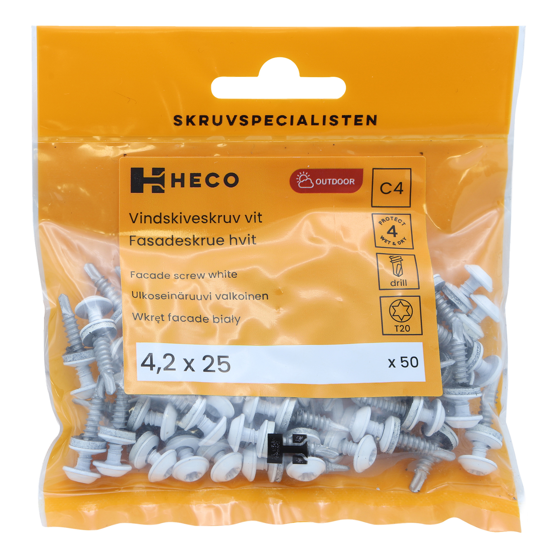 Ett 50-pack HECO Fascia Board Screw Protect med fyra skruvar, var och en 4,2 x 25 mm med vita huvuden, designade för utomhusbruk. Skruvarna är förpackade i en kombination av orange och transparent plast och visar produktdetaljer på flera språk.