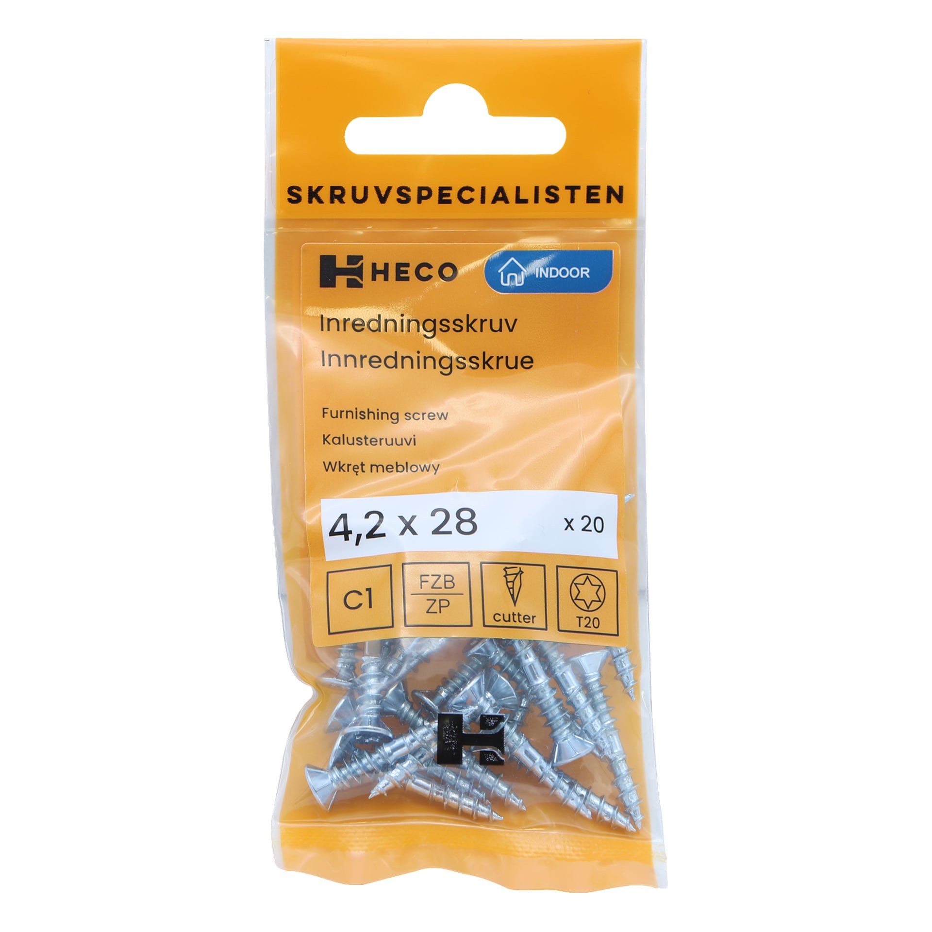 Ett genomskinligt plastpaket märkt "Heco Furniture screw 20 pack" rymmer 20 silverskruvar, var och en 4,2 x 28 mm, avsedda för möbelbruk. Produkt- och certifieringssymboler är tryckta på förpackningen.