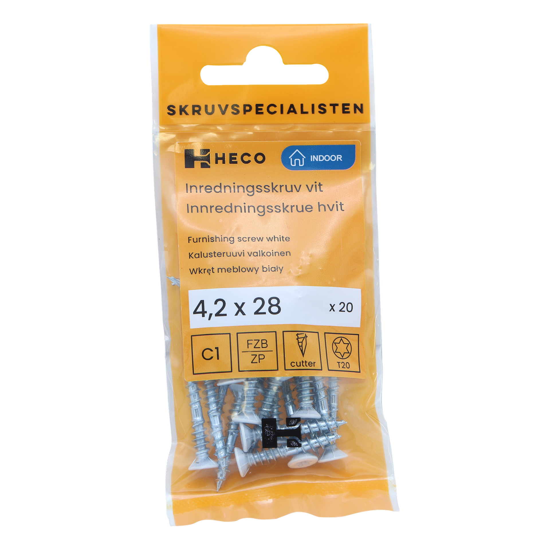 Ett plastpaket rymmer 20 vita möbelskruvar som mäter 4,2 x 28 mm. Den orange förpackningen visar Heco-varumärket och lyfter fram produktdetaljer, inklusive "Möbelskruv 20-pack."
