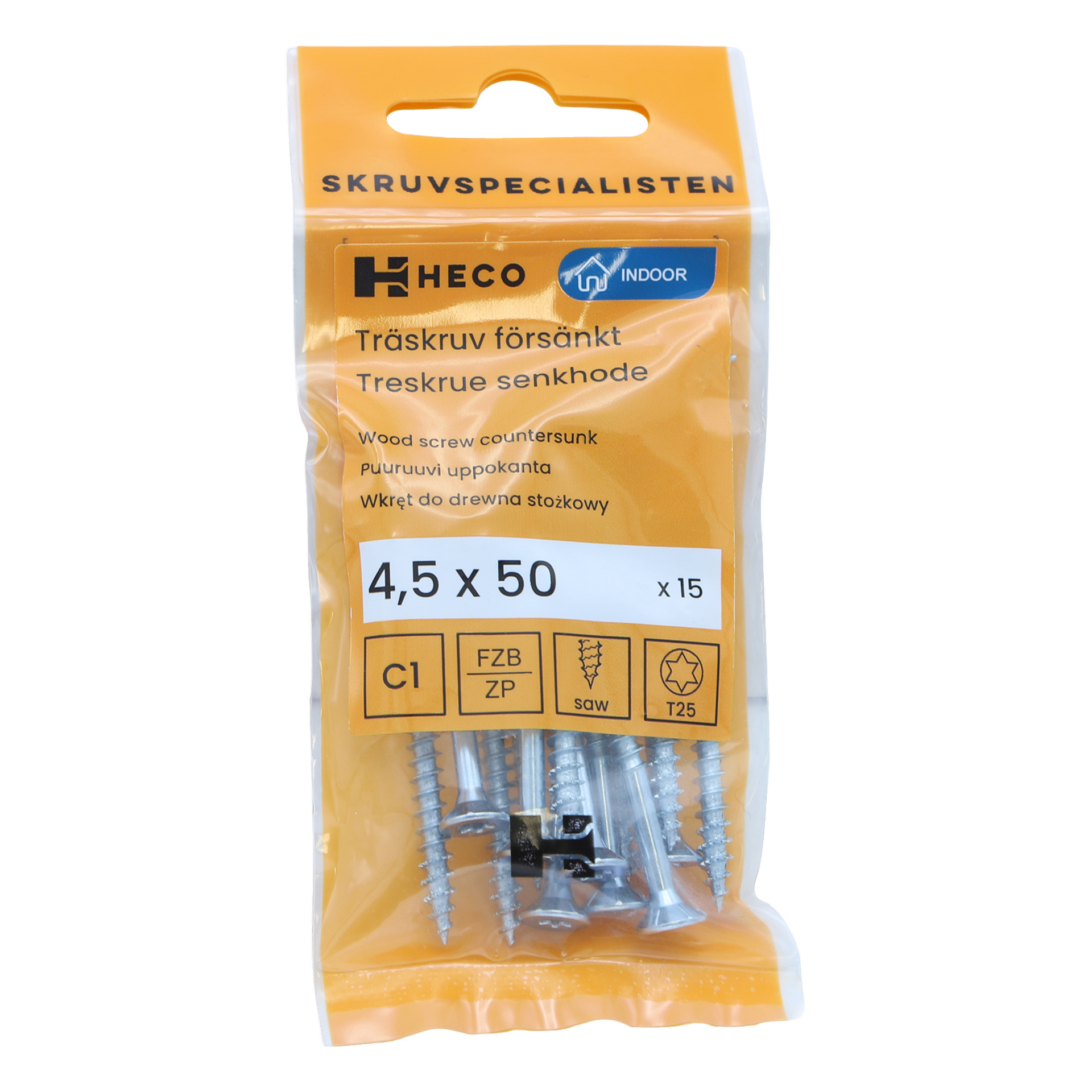 Ett paket med 15 Heco sänkta träskruvar, storlek 4,5 x 50 mm, levereras i orange och genomskinlig förpackning som visar skruvarna och produktinformationen.