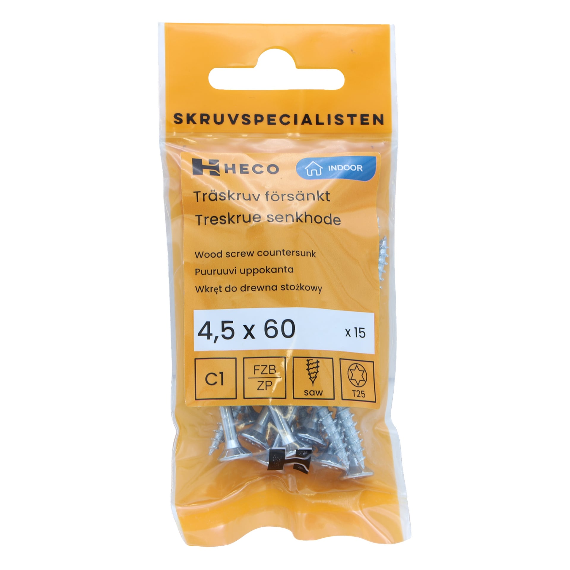 Ett gult Heco-paket innehåller ett 15-pack med sänkta träskruvar, storlek 4,5 x 60 mm. Förpackningen visar olika produktdetaljer och ikoner som anger skruvtyp, kompatibla verktyg och föreslagna användningsområden.