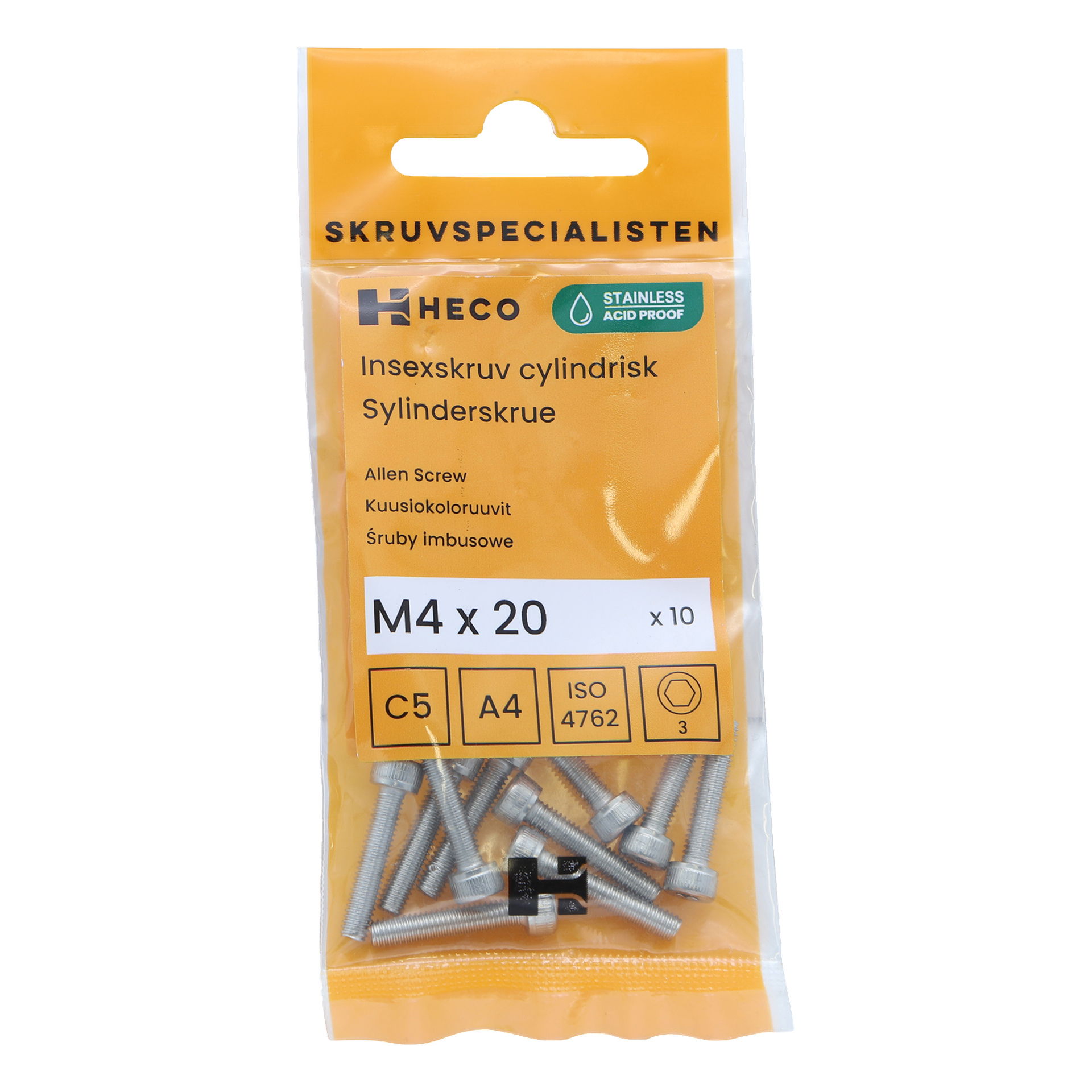 En gul Heco-pakke merket "Maskinskrue med sekskant-hylse 10-pakke" rommer ti rustfrie unbrakoskruer på størrelse M4 x 20 mm. Forsiden har tekniske spesifikasjoner som ISO 4762 og A4.