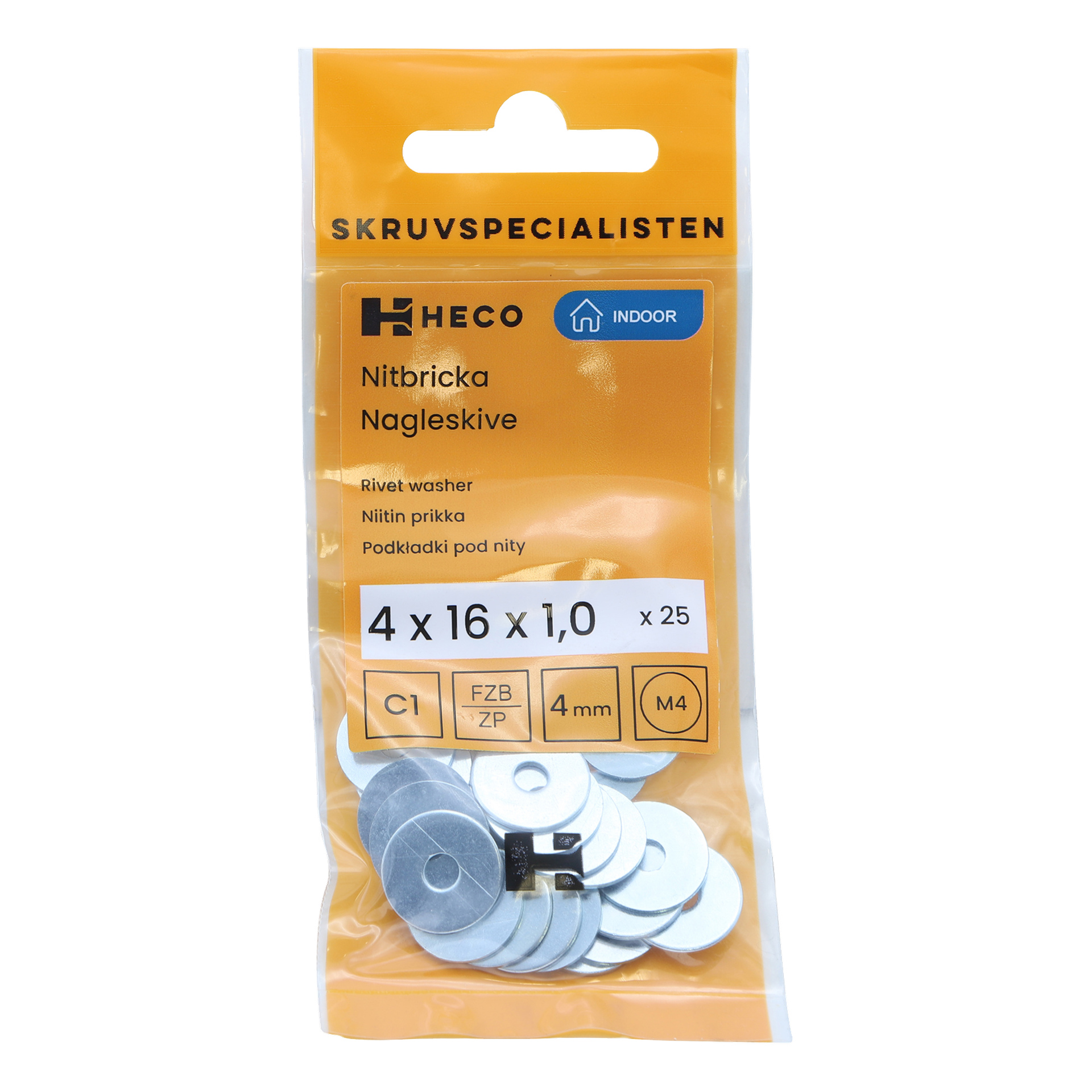 En Heco Rivet Washer 25-pakke vises, ment for innendørs bruk, og inneholder 25 metallskiver på størrelse 4 x 16 x 1,0 mm. Emballasjen viser produktdetaljer og har en gjennomsiktig seksjon som avslører skivene inni.