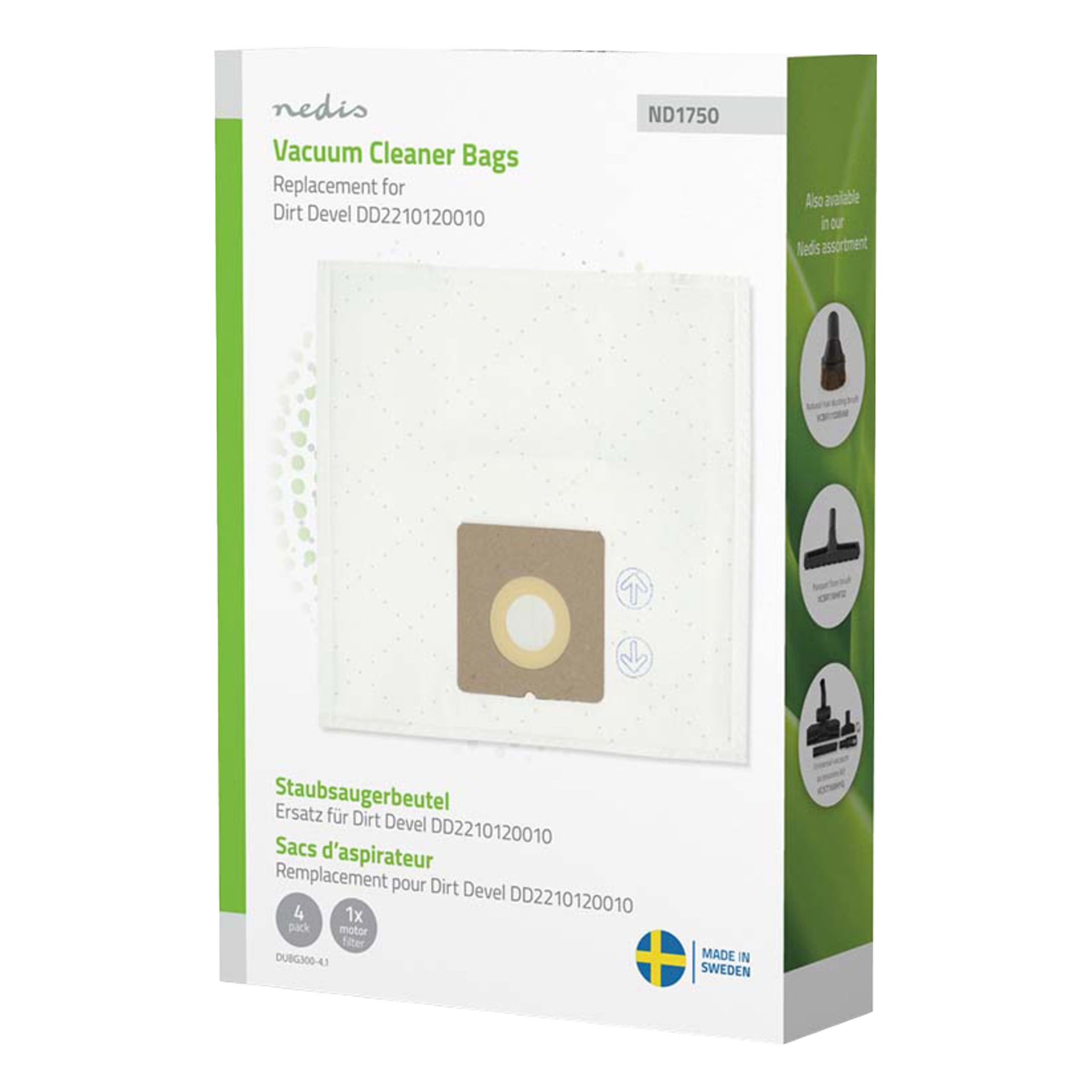 En låda med fyra Nedis dammsugarpåsar, visad med en bild av en påse på förpackningen. Lådan lyfter fram kompatibilitet med Dirt Devil-modellen DD2210120010 och visar ikoner som visar produktkompatibilitet och Made in Sweden, tillsammans med produktdetaljer på flera språk.