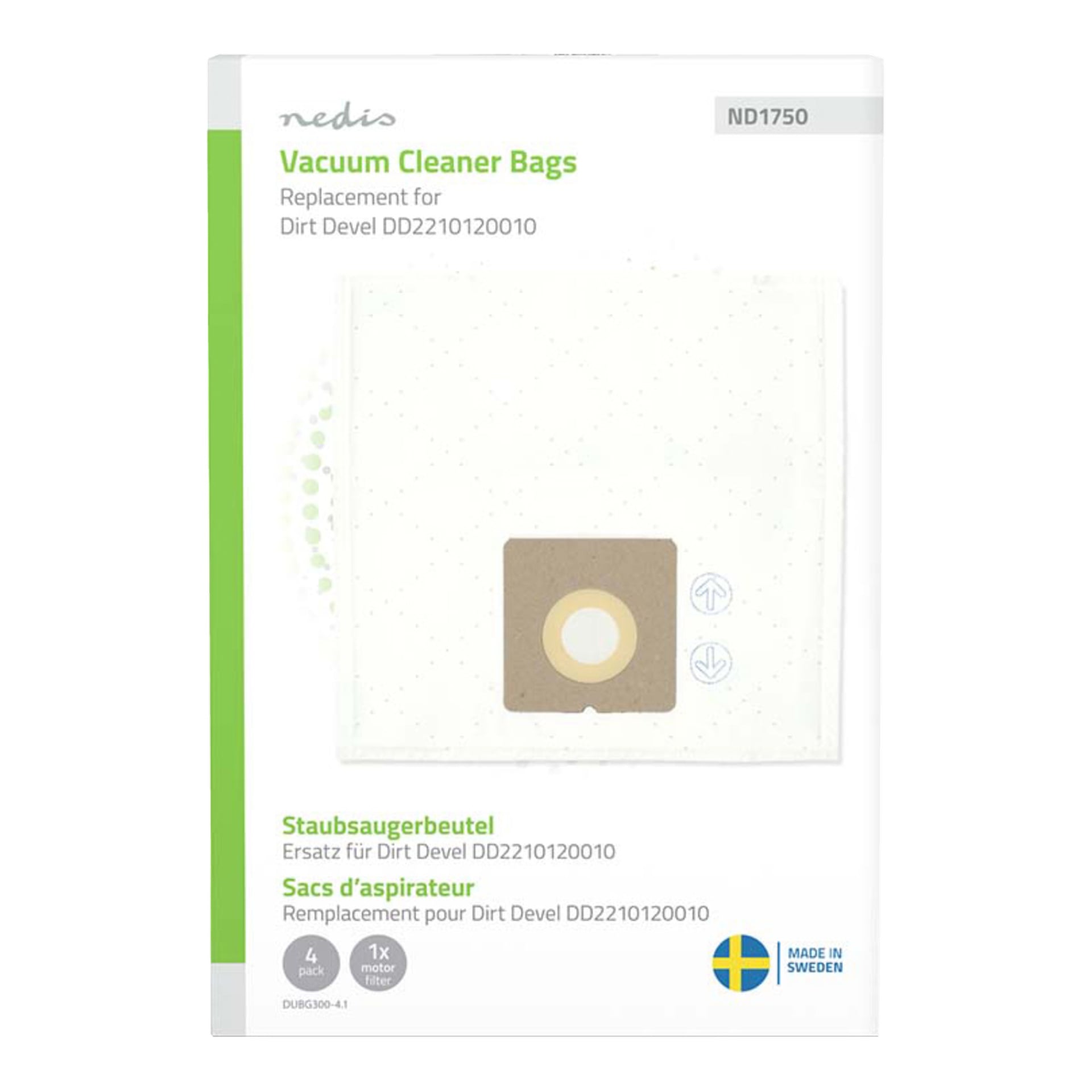 Nedis dammsugarpåsar, 4-pack, designade för användning med Dirt Devil DD2210120010-modeller. Lådan visar en bild av påsarna och har en "Made in Sweden"-märkning nere till höger.