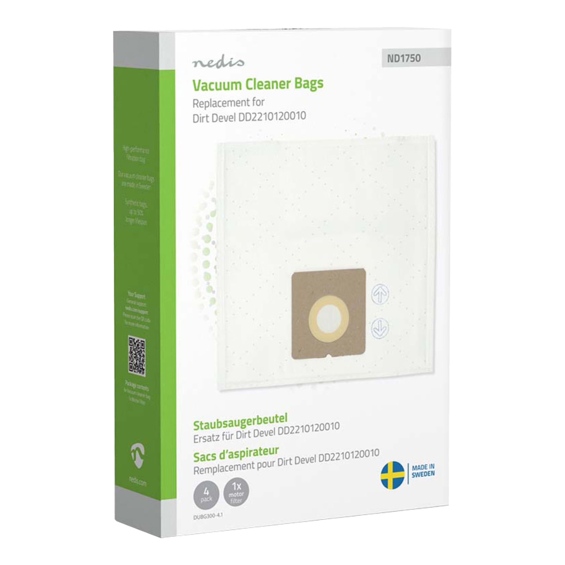 Ett fyrpack Nedis dammsugarpåsar kompatibla med Dirt Devil DD2210120010, med förpackning som visar flera språk och en liten svensk flagga i nedre högra hörnet.