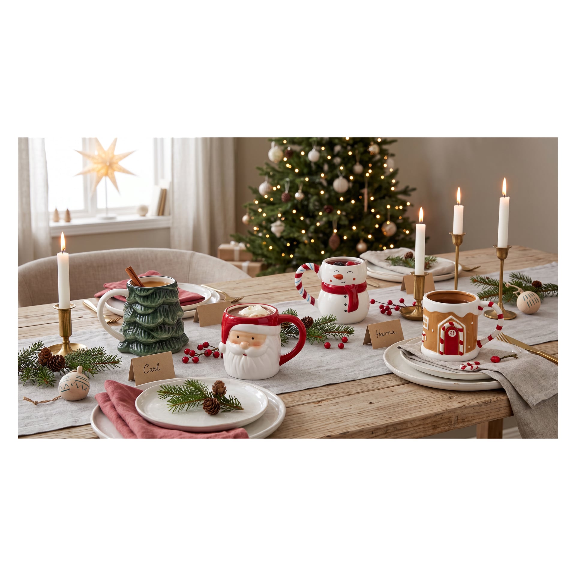 Tre julinspirerade muggar formade som en tall, ett pepparkakshus och en EKVIP julmugg, tomten sitter på ett dekorerat matbord med bordskort märkta Carl och Hanna.
