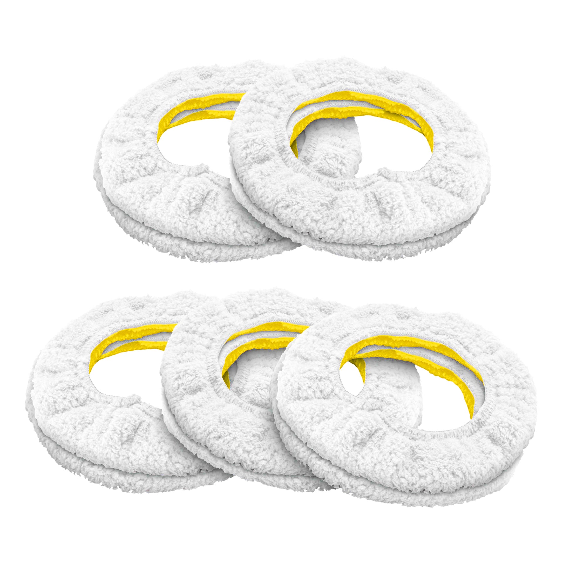 Fem par runda vita Kärcher-mikrofiberdukar designade för RCW 2 fönsterputsningsroboten, var och en med gul innerkant och en fluffig, texturerad yta med cirkulära öppningar i mitten, är prydligt arrangerade i två rader.