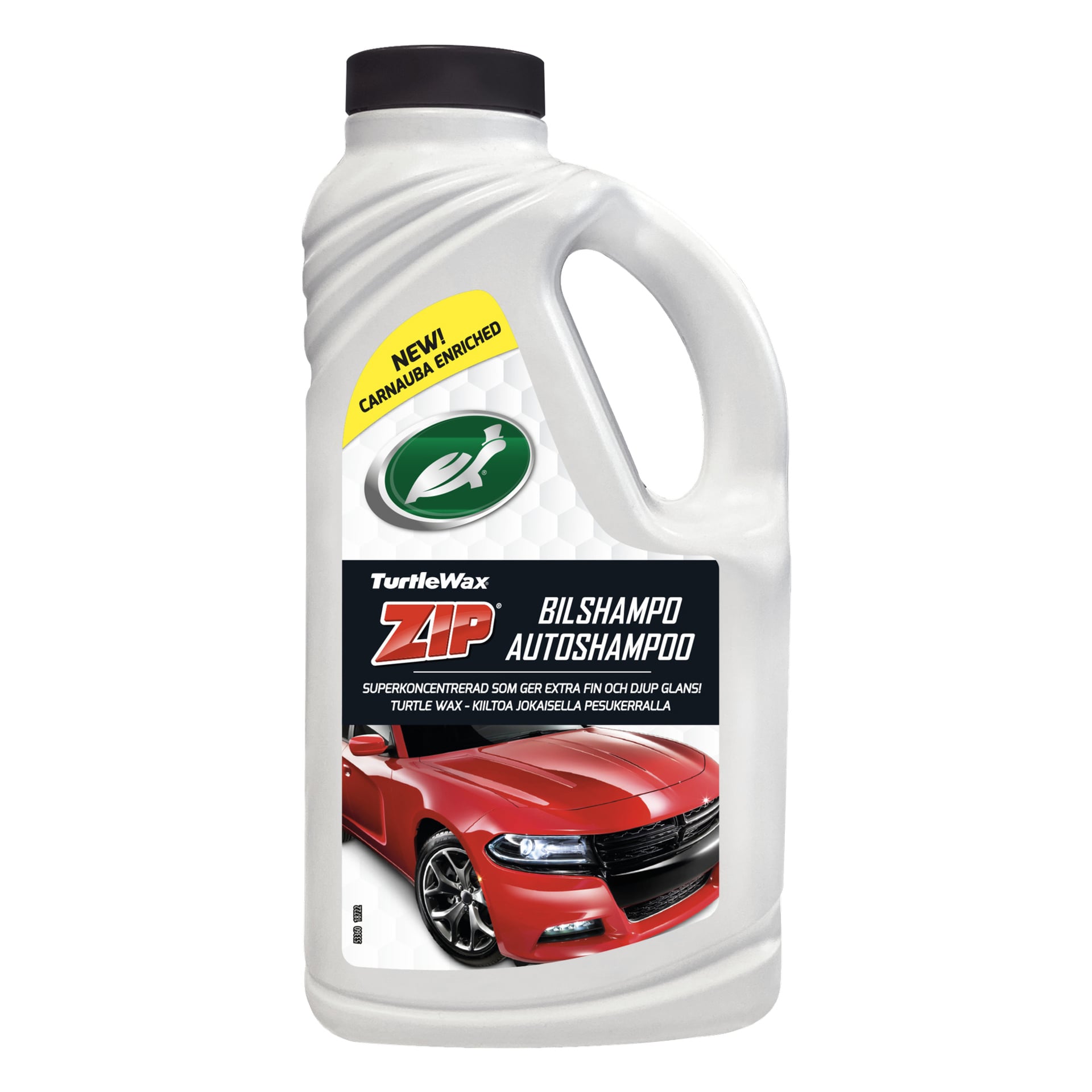 En 1-liters vit plastflaska med Turtle Wax Zip bilschampo med en etikett som visar en röd sportbil och text som framhäver dess carnauba-formel för ökad glans.