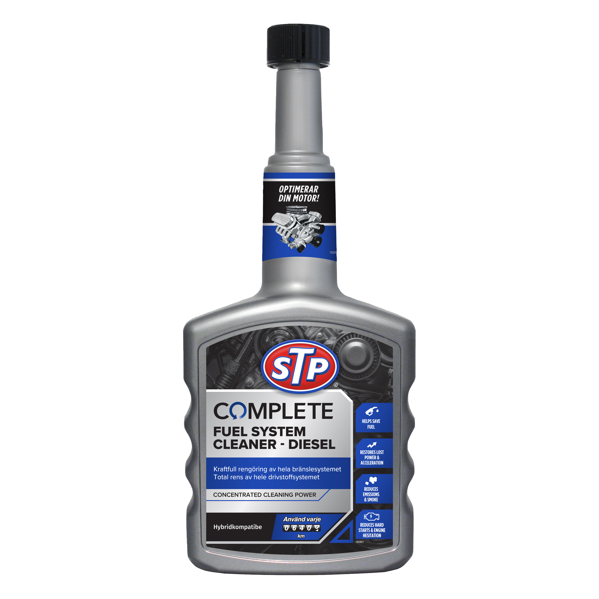 En grå plastflaska för STP Complete Fuel System Cleaner – med svart lock och etikett som lyfter fram fördelarna med rengöring av dieselmotorer.