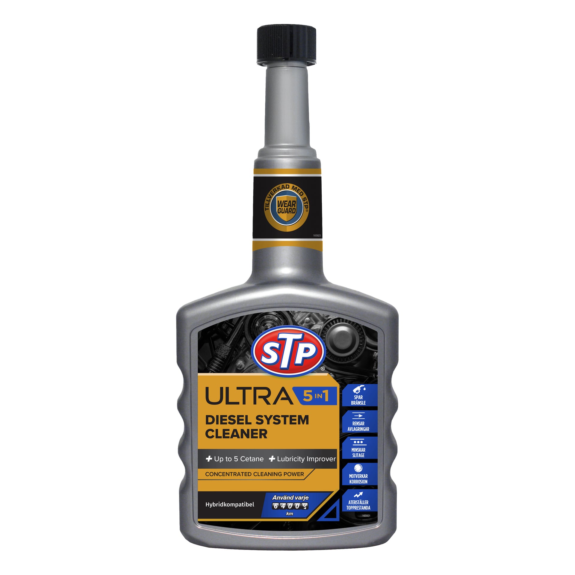 En flaska STP Ultra 5-i-1 Diesel System Cleaner med svart kork och metallisk etikett som framhäver dess cetan- och smörjmedelsfördelar.