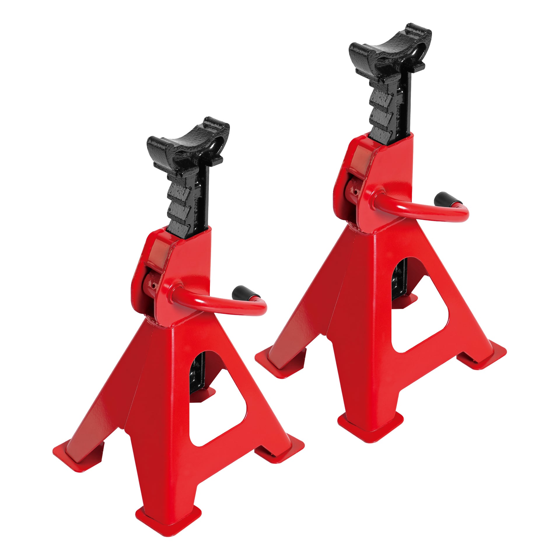 Dwa zestawy Hamron Jack Stand 2 Pack są pokazane obok siebie, każdy z solidną czerwoną metalową podstawą i regulowanym czarnym dachem. Obie podstawy wyposażone są w wbudowane uchwyty ułatwiające regulację wysokości.