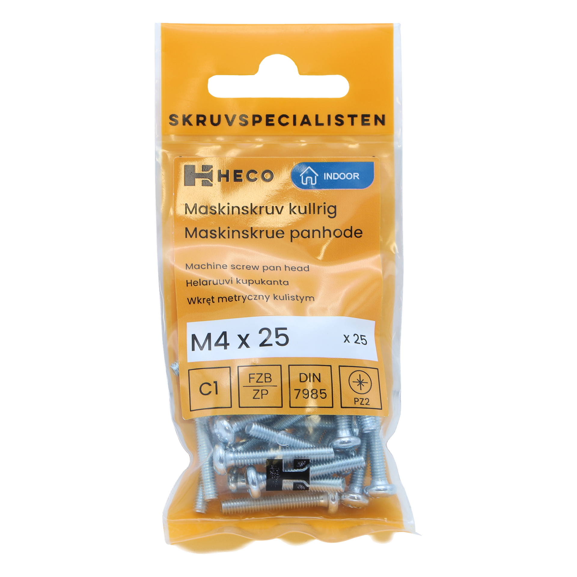 Ett orange Heco Machine skruv-MRX-paket innehållande 25 pan-huvudskruvar märkta M4 x 25 mm, med olika texter och tekniska specifikationer tryckta på förpackningen.