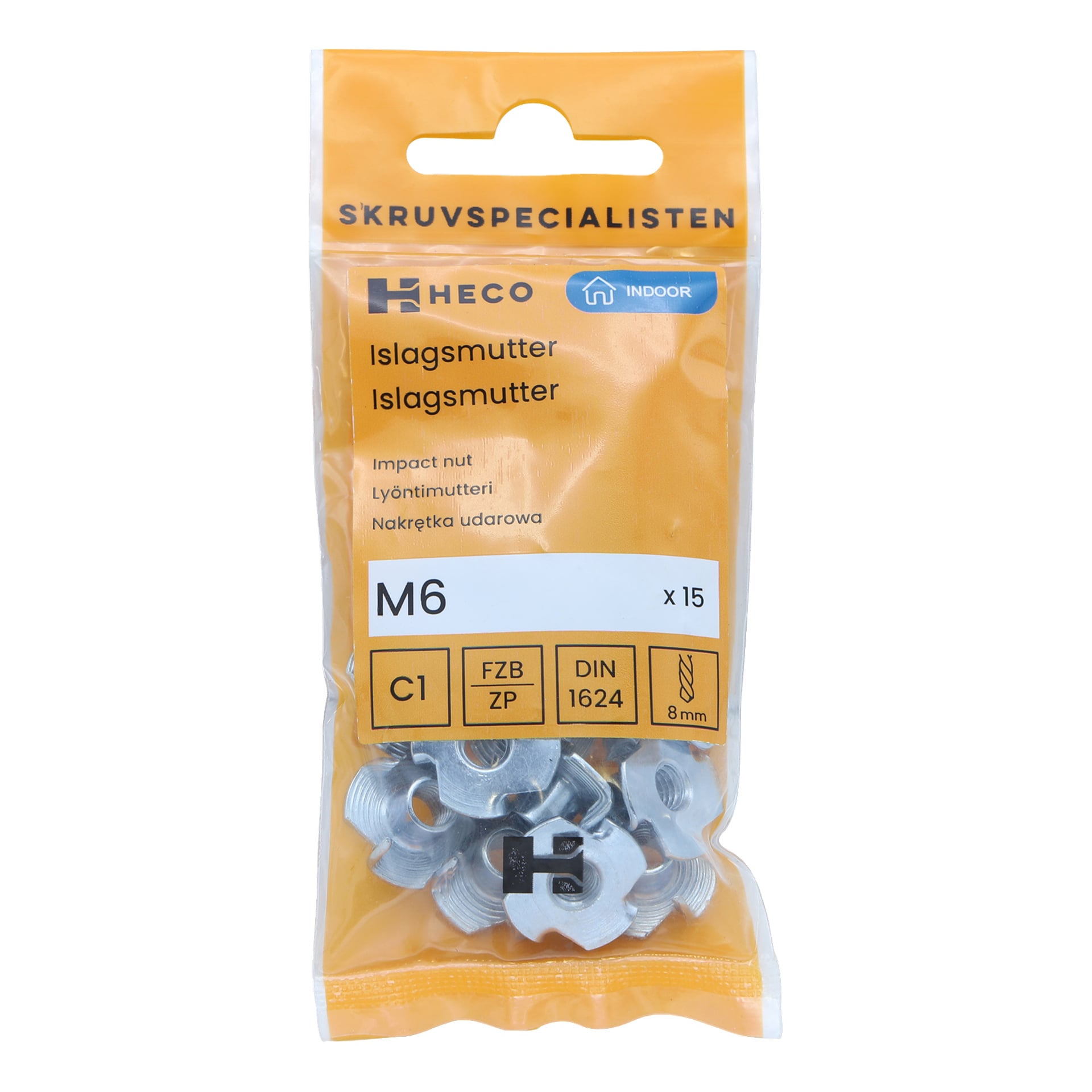 Ett genomskinligt plastpaket märkt "Heco Impact nut 15 pack" rymmer 15 metallmuttrar. Framsidan visar produktdetaljer, specifikationer och har ett litet genomskinligt fönster som visar muttrarna inuti.