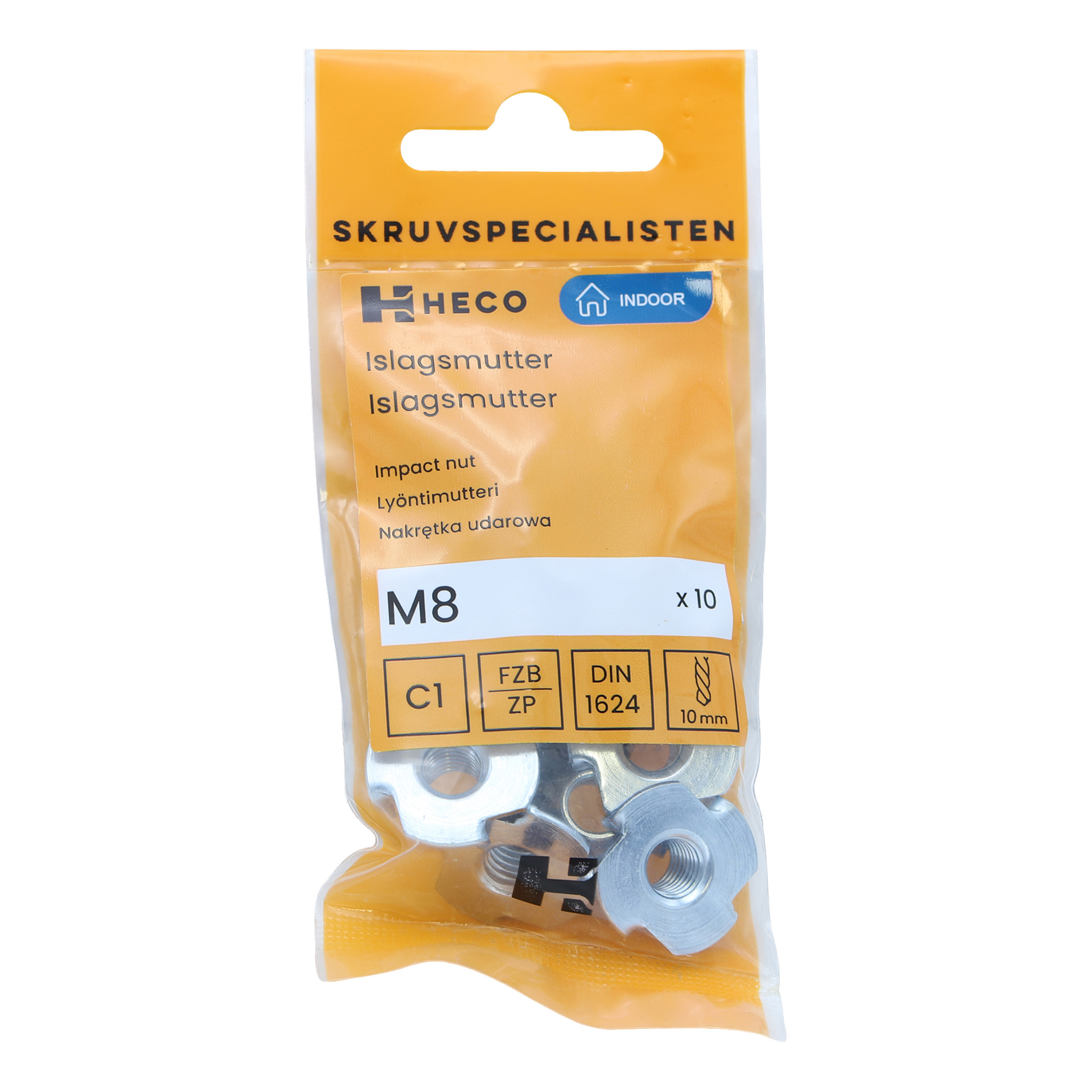 En klar och orange plastpåse med Heco-märke rymmer 15 Impact-muttrar, med produktinformation och metallmuttrarna inuti.
