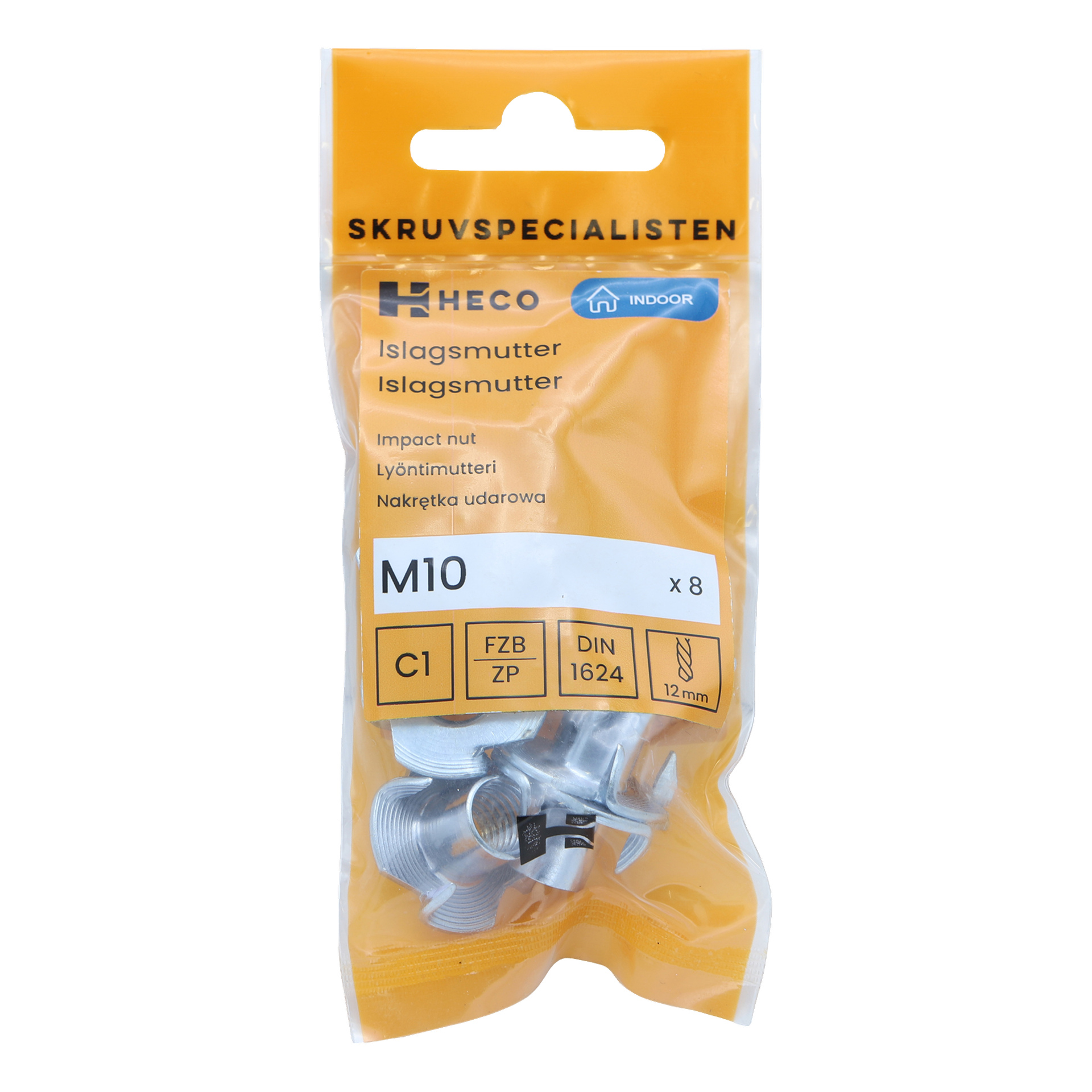 Ett genomskinligt plastpaket märkt Heco rymmer femton slagbult. Förpackningen visar produktdetaljer och har en diagram som illustrerar muttermåtten.