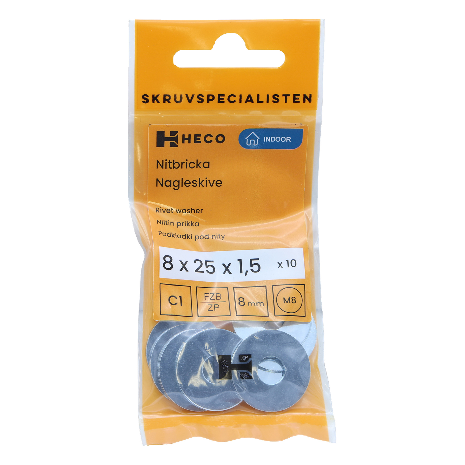 10-pakkaus HECO Rifet -aluslevyjä (8x25x1,5 mm) sisäkäyttöön, pakattuna oranssiin laatikkoon, jossa on erilaisia tuotetietoja ja läpinäkyvä ikkuna, josta näkyy pesukoneet sisällä.