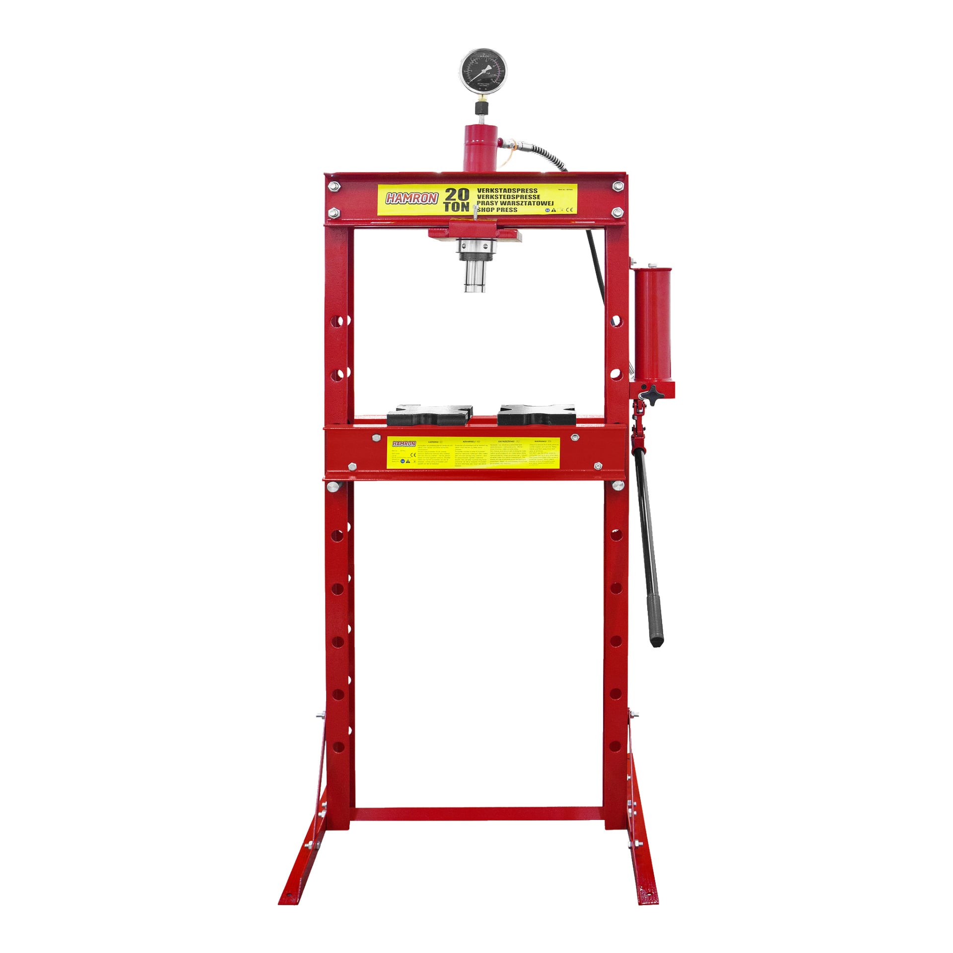 En röd Hamron Workshop press med en hydraulisk kapacitet på 20 ton, utrustad med en mätare på toppen, ett pumphandtag på höger sida och justerbara stödbalkar. Pressen står upprätt.