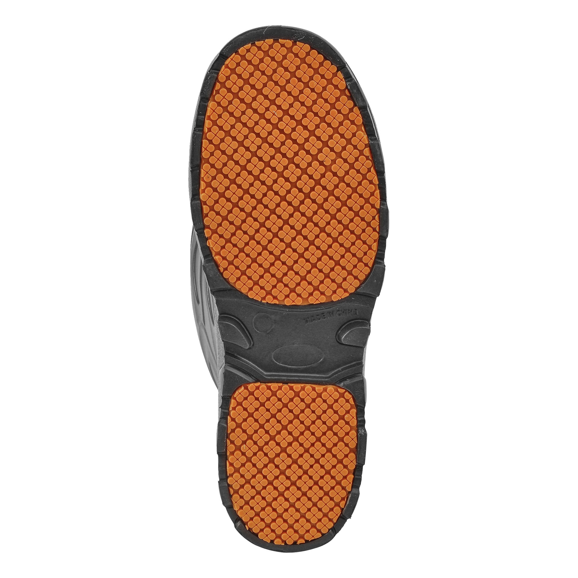 Nærbilde som viser undersiden av en Kayoba Outdoor Warm Lined Rubber Boot. Mønsteret er oransje med et sekskantet mønster og omkranset av en svart kant. Den øvre delen, som delvis er synlig, viser svarte og grå farger. Støvelen sees nedenfra.