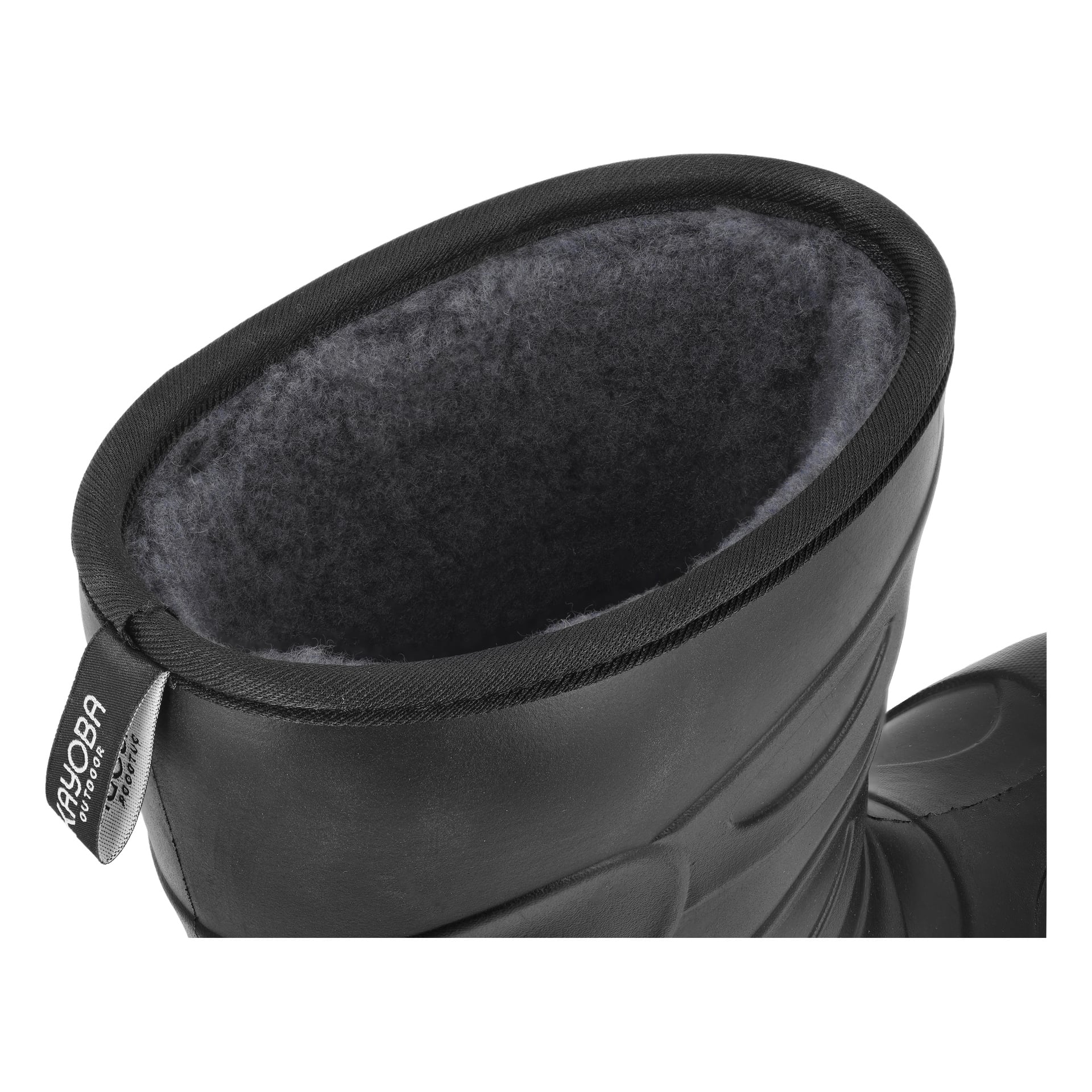 Szczegółowy widok góry gumowego buta Kayoba Outdoor Warm Heat, podkreślający miękkie, szare wnętrze z polaru, a markowy materiałowy zaczep po bokach.