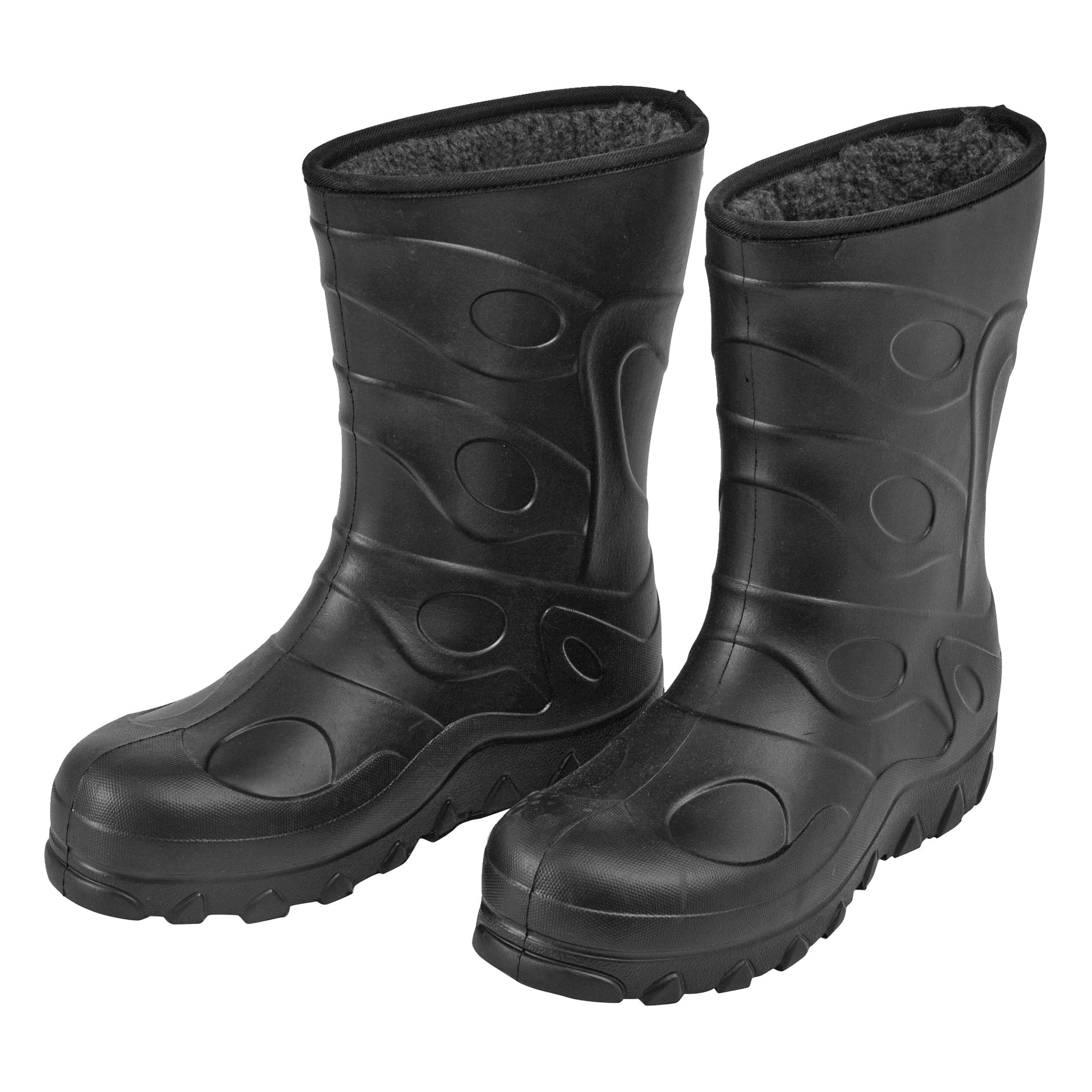 Czarne Kayoba Outdoor Warm Liner Rubber Shoes z fakturowaną podeszwą i wzorzystymi detalami po bokach. Buty do połowy łydek prezentują miękkie, izolowane wnętrze i stoją pionowo, oba lekko przechylone w prawo.