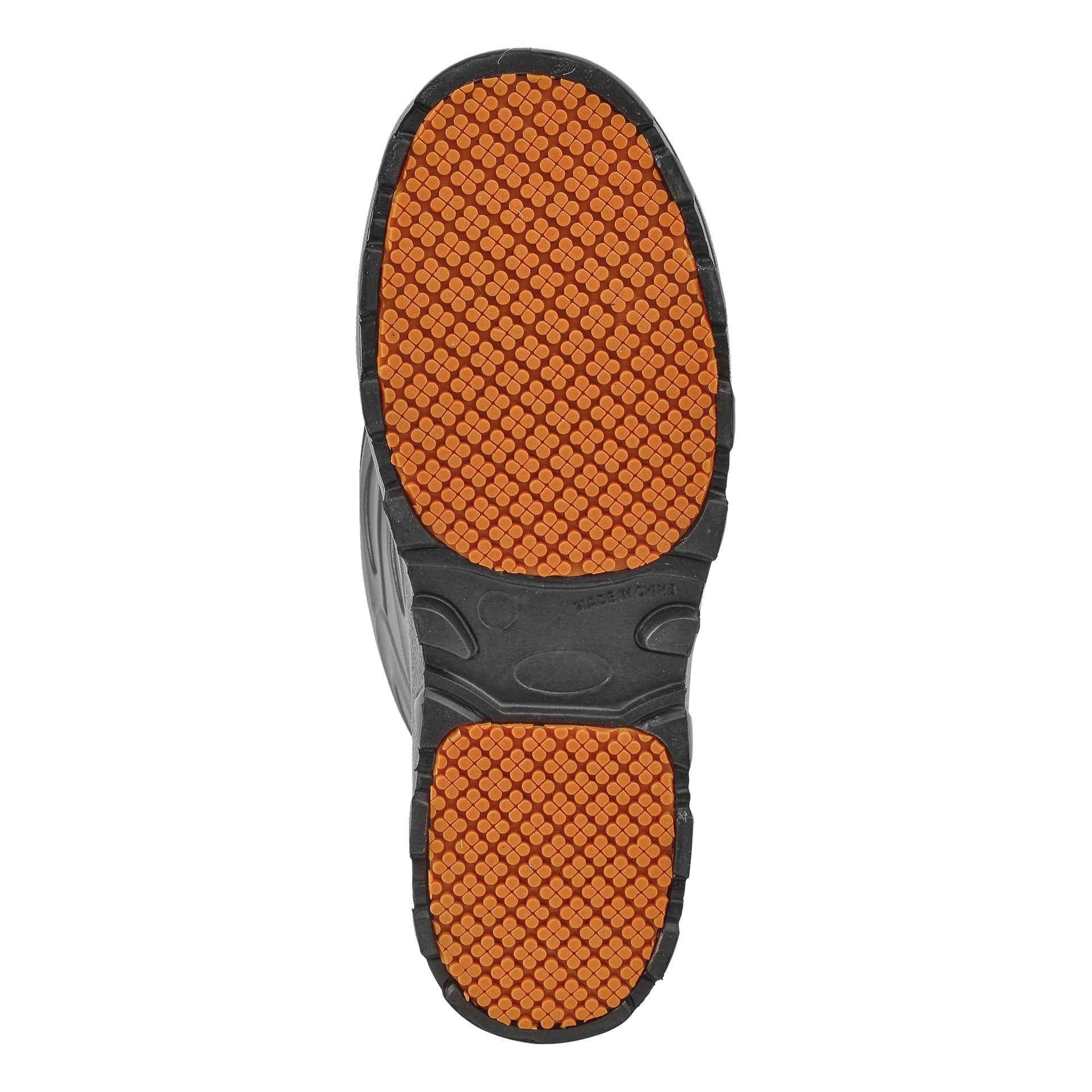 Bunnvisning av en Kayoba Outdoor Warm Lined Rubber Boot-såle med svart kant og oransje mønster som viser et sekskantet mønster over det meste av overflaten. Hæl- og ballområdene har fått ekstra tekstur for bedre grep.