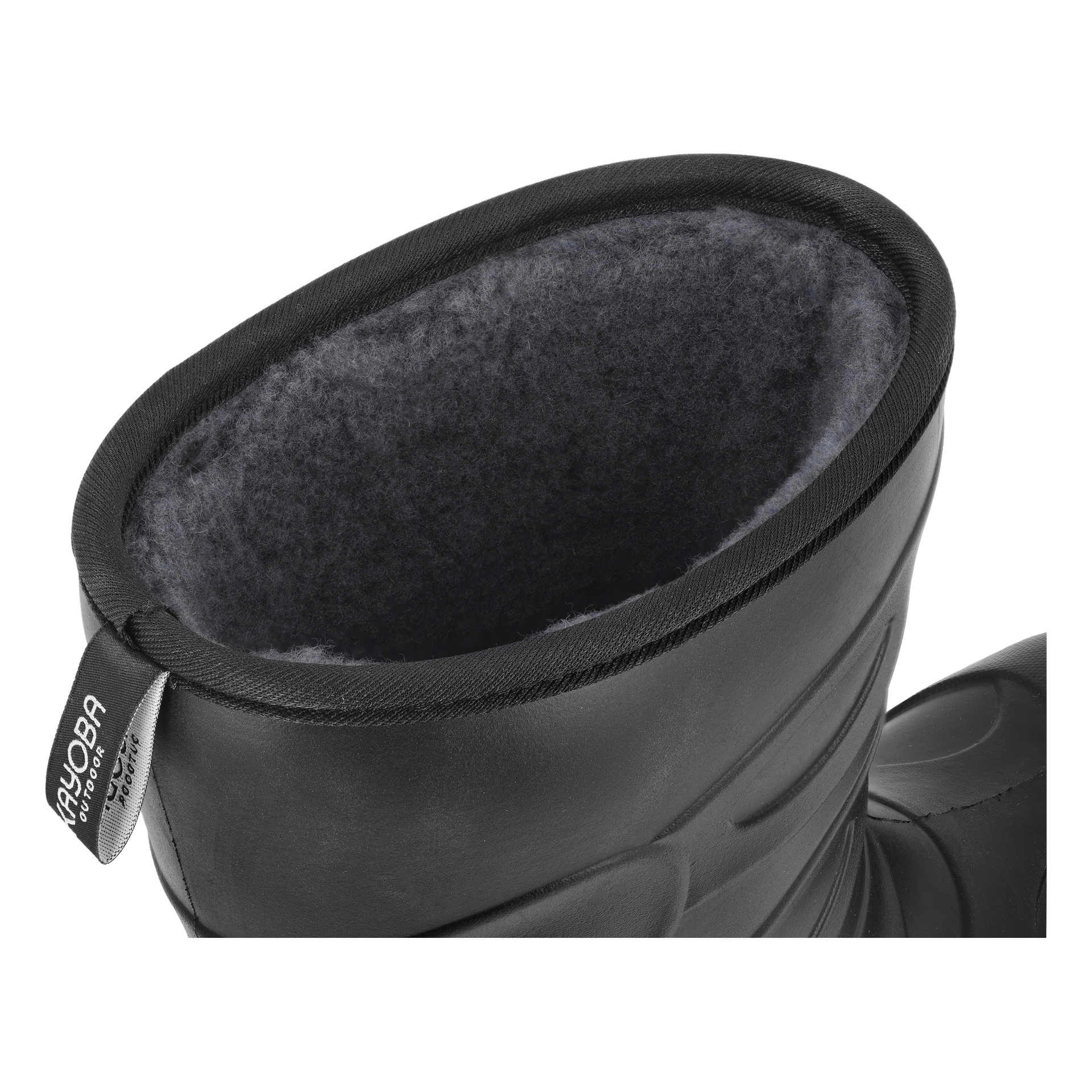 Detaljerad vy av den övre delen av en svart Kayoba Outdoor gummistövel med varm grå fleece inuti och en liten svart dragflik fäst vid sidan.