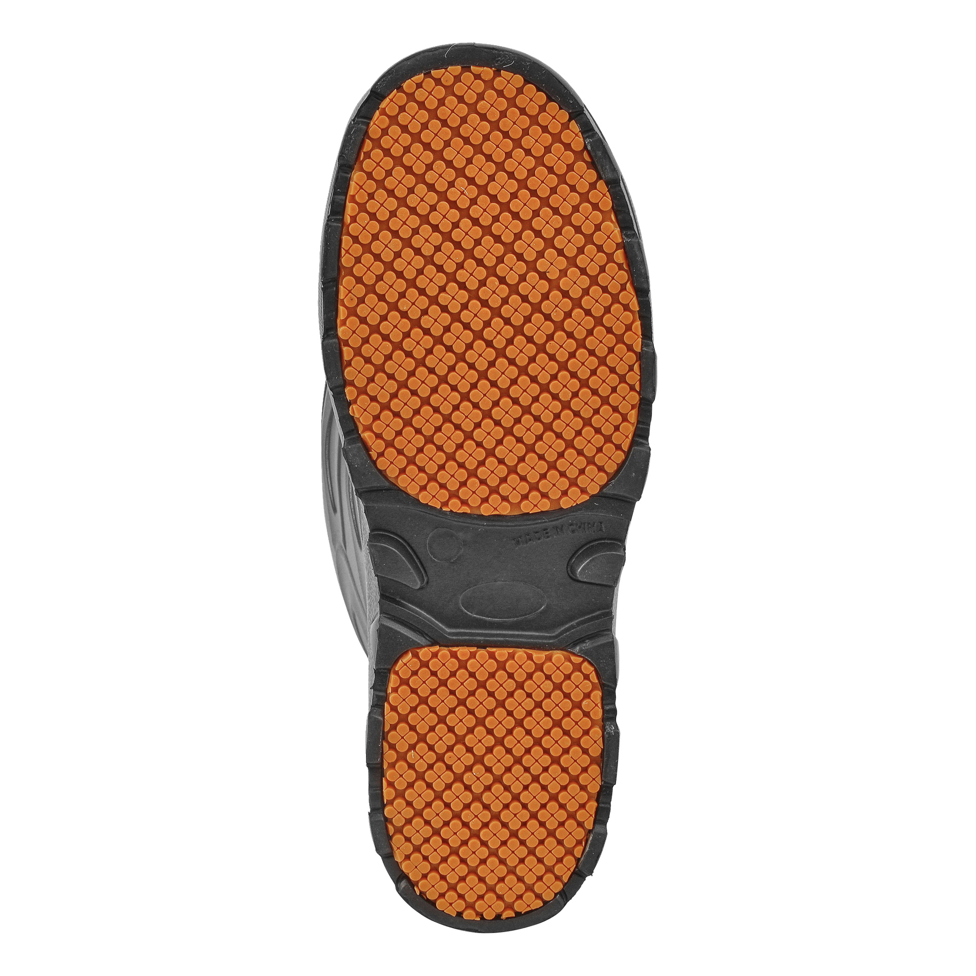 Detaljerad bild av undersidan av en gummistövel fodrad av Kayoba Outdoor Warm, som visar hela sulan från häl till tå. Den svarta sulan kännetecknas av en orange hexagonal mönsterdesign som är utformad för att förbättra greppet.