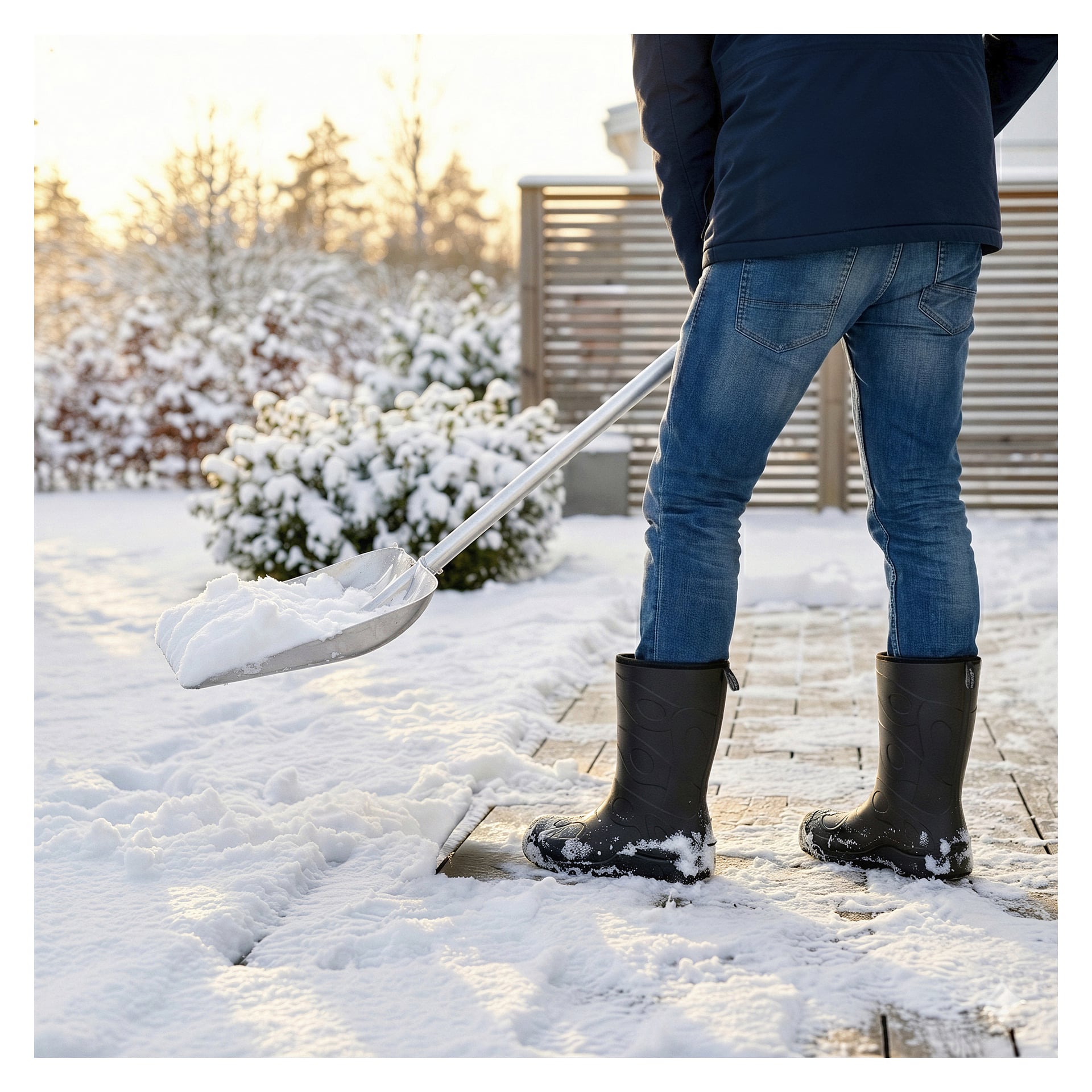 En person i jeans og gummistøvler med Kayoba Outdoor Warm fôr rydder snø fra en treterrasse. Snø dekker bakken og buskene i nærheten, med en skyet himmel over hodet, mens personens overkropp strekker seg utover den øverste kanten av bildet.