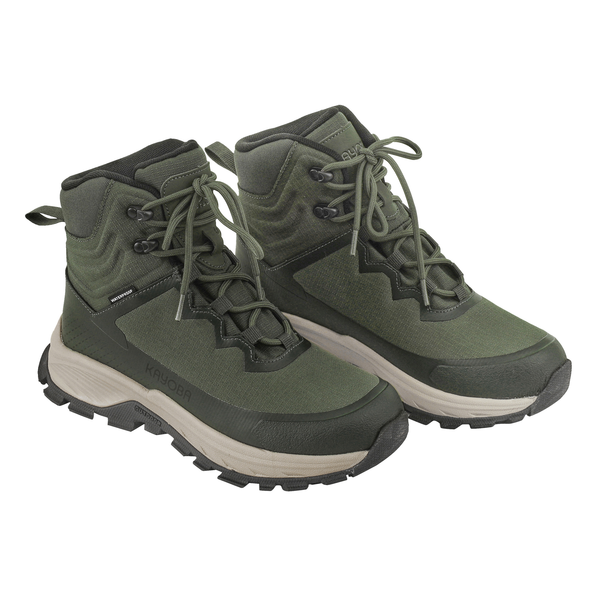 Et par Kayoba Outdoor Waterproof tursko med grønne stoffoverdeler, solide beige og svarte såler, svarte maljer og grønne lisser, plassert side om side.