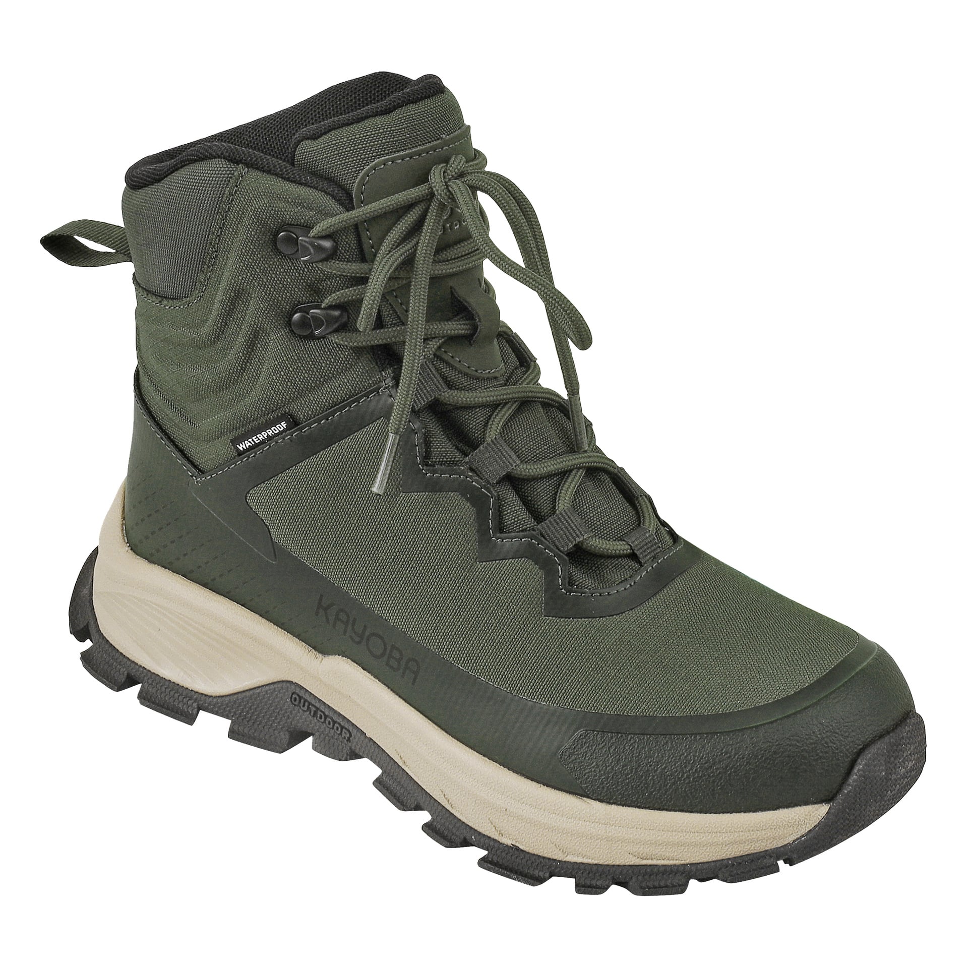 Ett par fläckfria Kayoba Outdoor Waterproof vandringskängor i grönt med svarta detaljer, robusta beige sulor med slitstarka svarta mönster, snörningsband framtill och förstärkta tålock. Varumärket "Kayoba" visas på sidan.