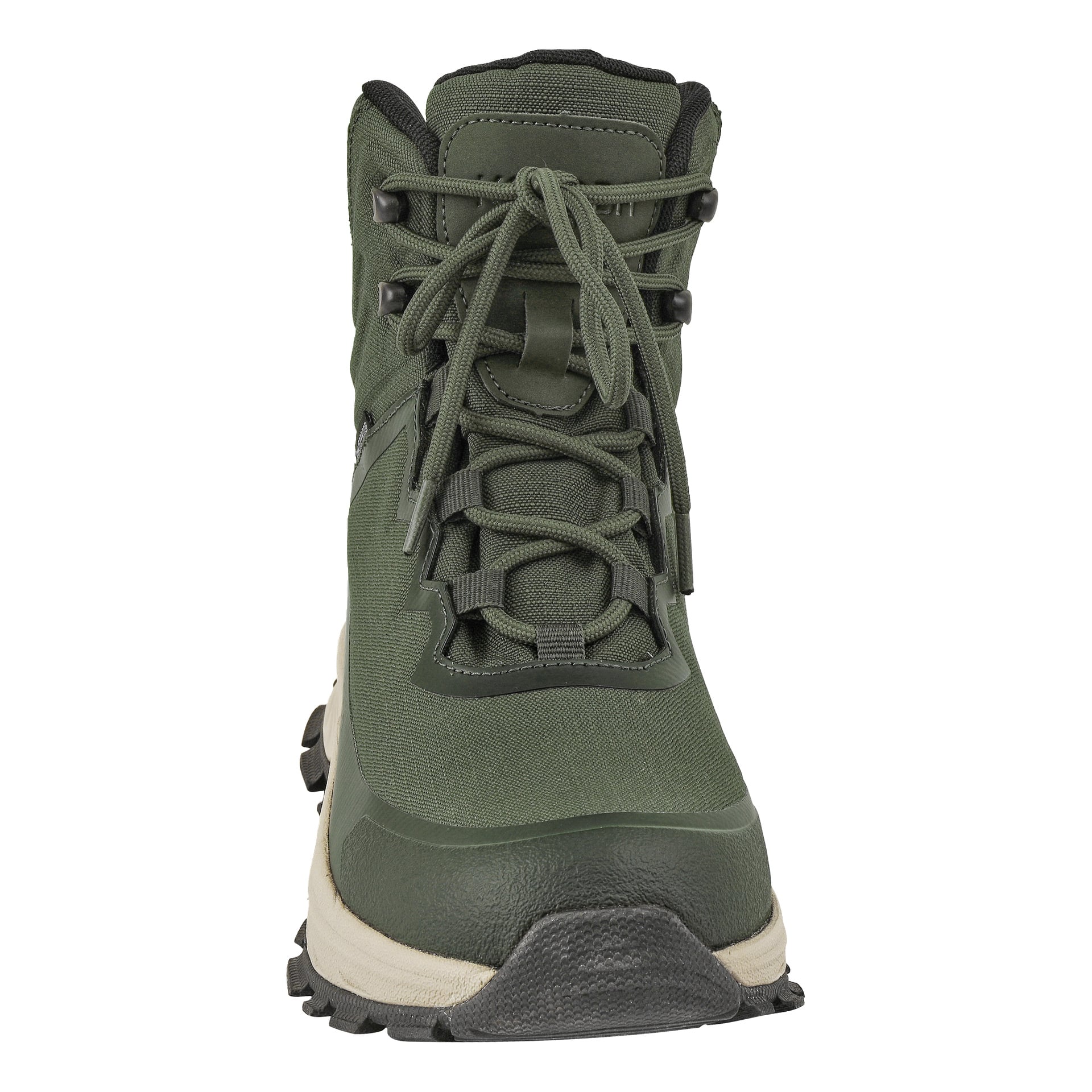 Kayoba Outdoor Waterproof vandringskängor visas framifrån, med sin gröna färg och svarta och beige detaljer. Dess robusta fotsula och prydligt knutna snören framhäver dess helt nya utseende.