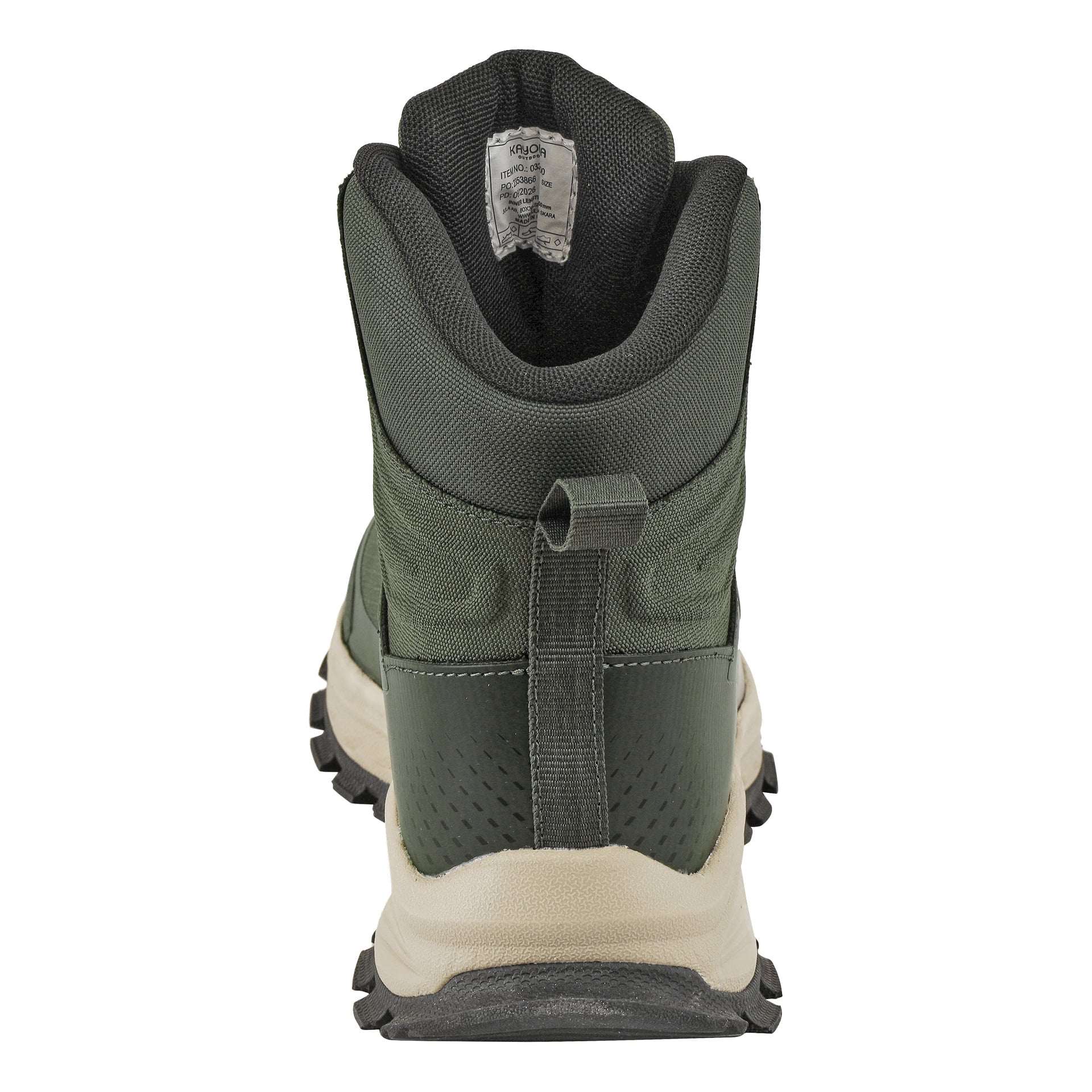 En enda mörkgrön Kayoba Outdoor Waterproof vandringskänga syntes bakifrån, vilket framhävde dess bakre ögla, vadderade krage, texturerade sula och en etikett synlig inuti.